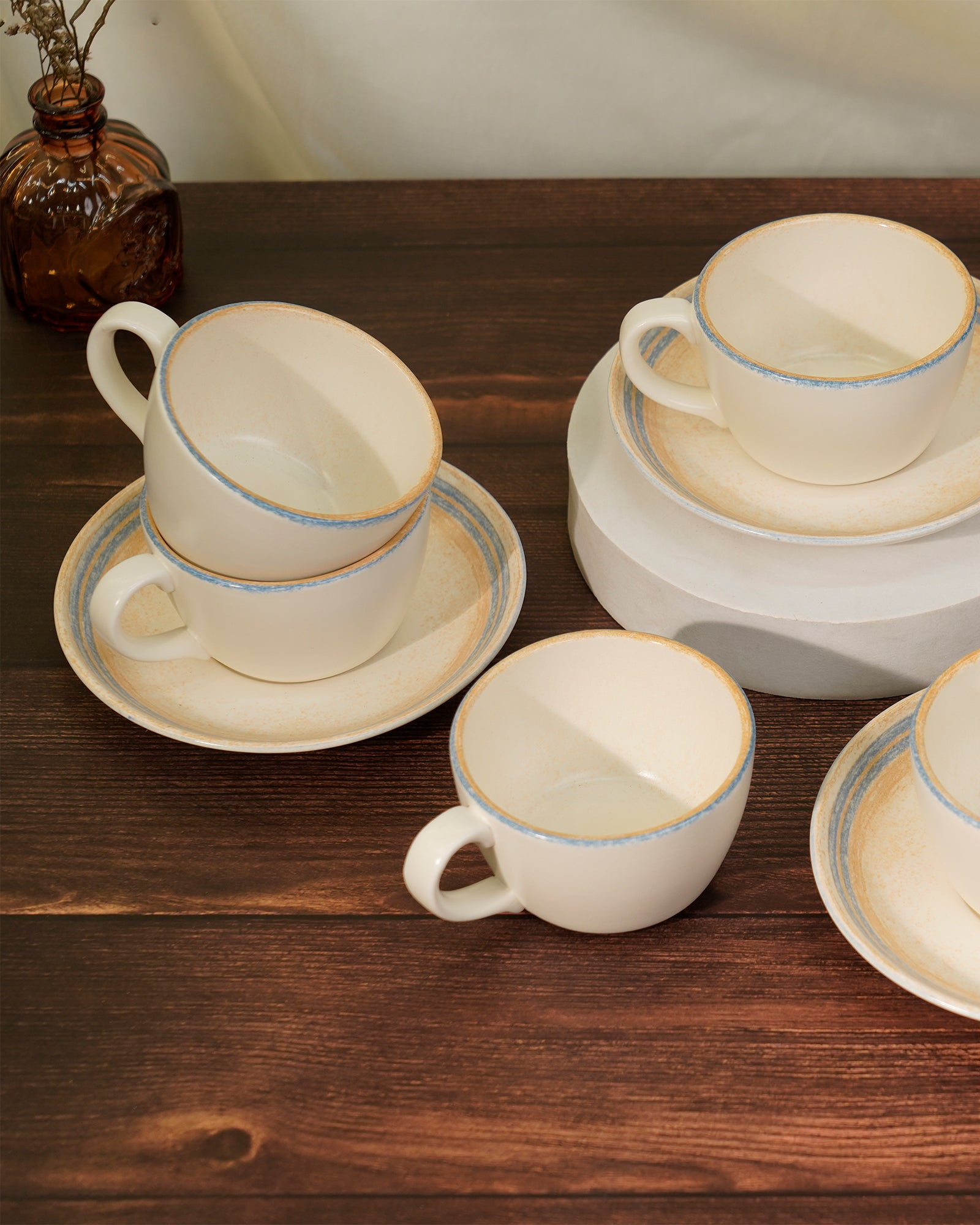 Pixel Collection Cookie Delight Brew Set – 12 Pc Porcelain Tea Cup & Saucer Set (200ml) | Elegant Tea Time Collection || SOLACE