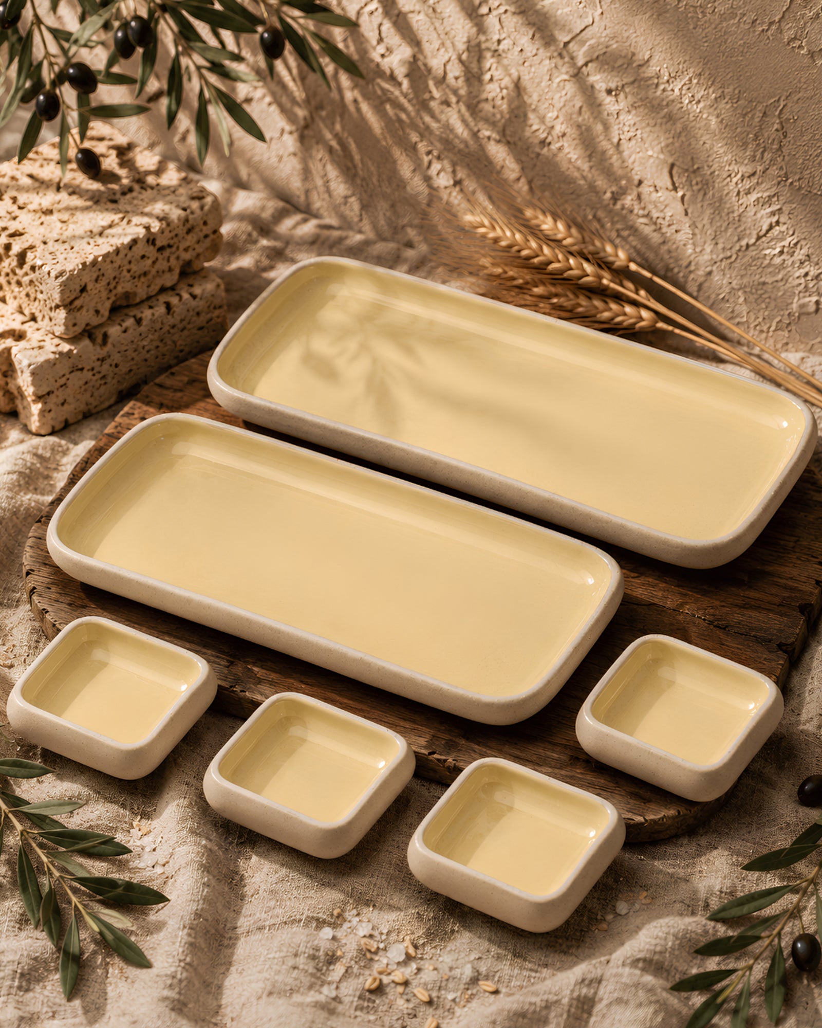 Earthen Soul Long Tray Set | 2 Rectangle Platters with 4 Square Dip Bowls | Earth Porcelain