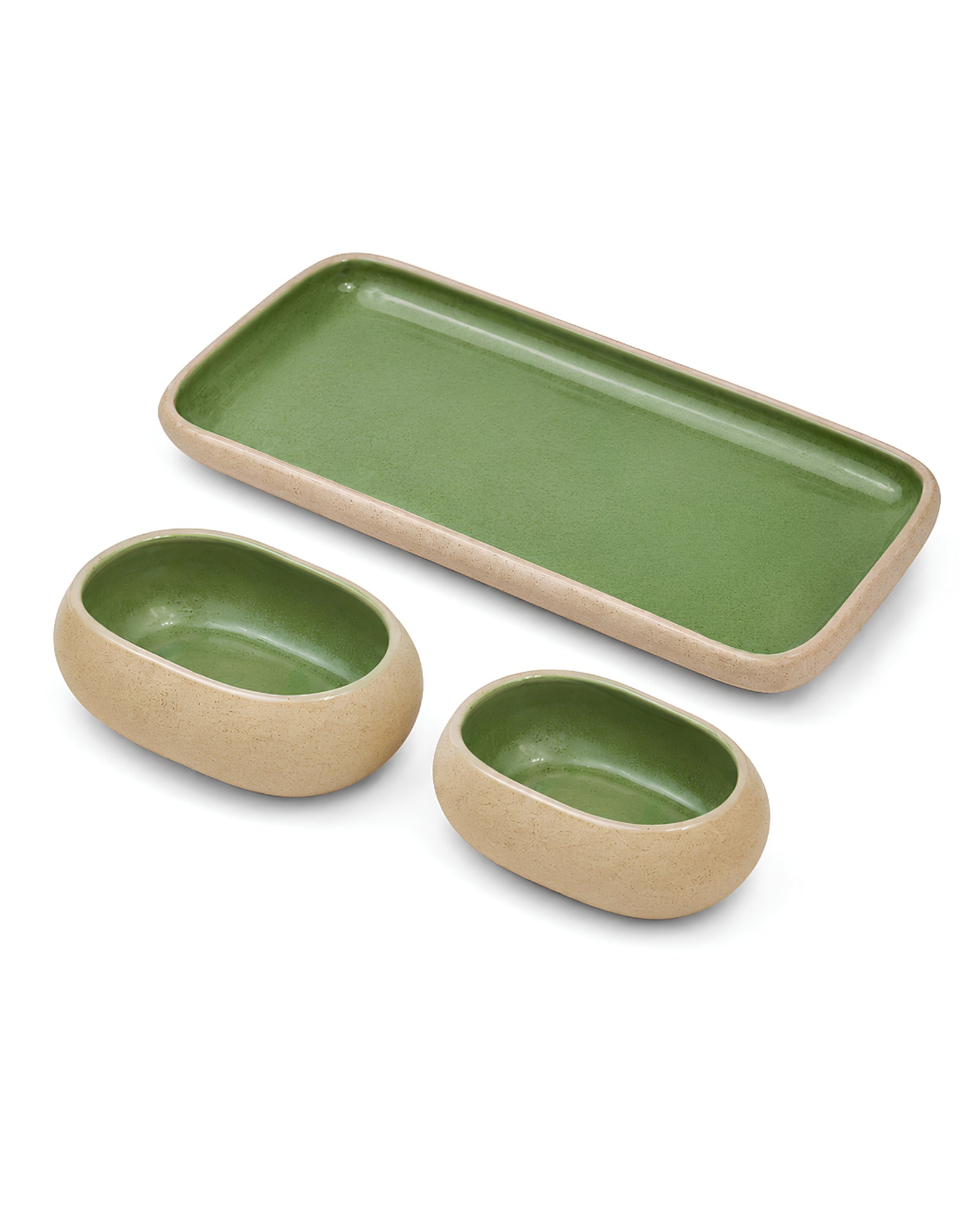 Earthen Soul Serve & Share Set | Rectangle Platter with 2 Oval Bowls | Earth Porcelain