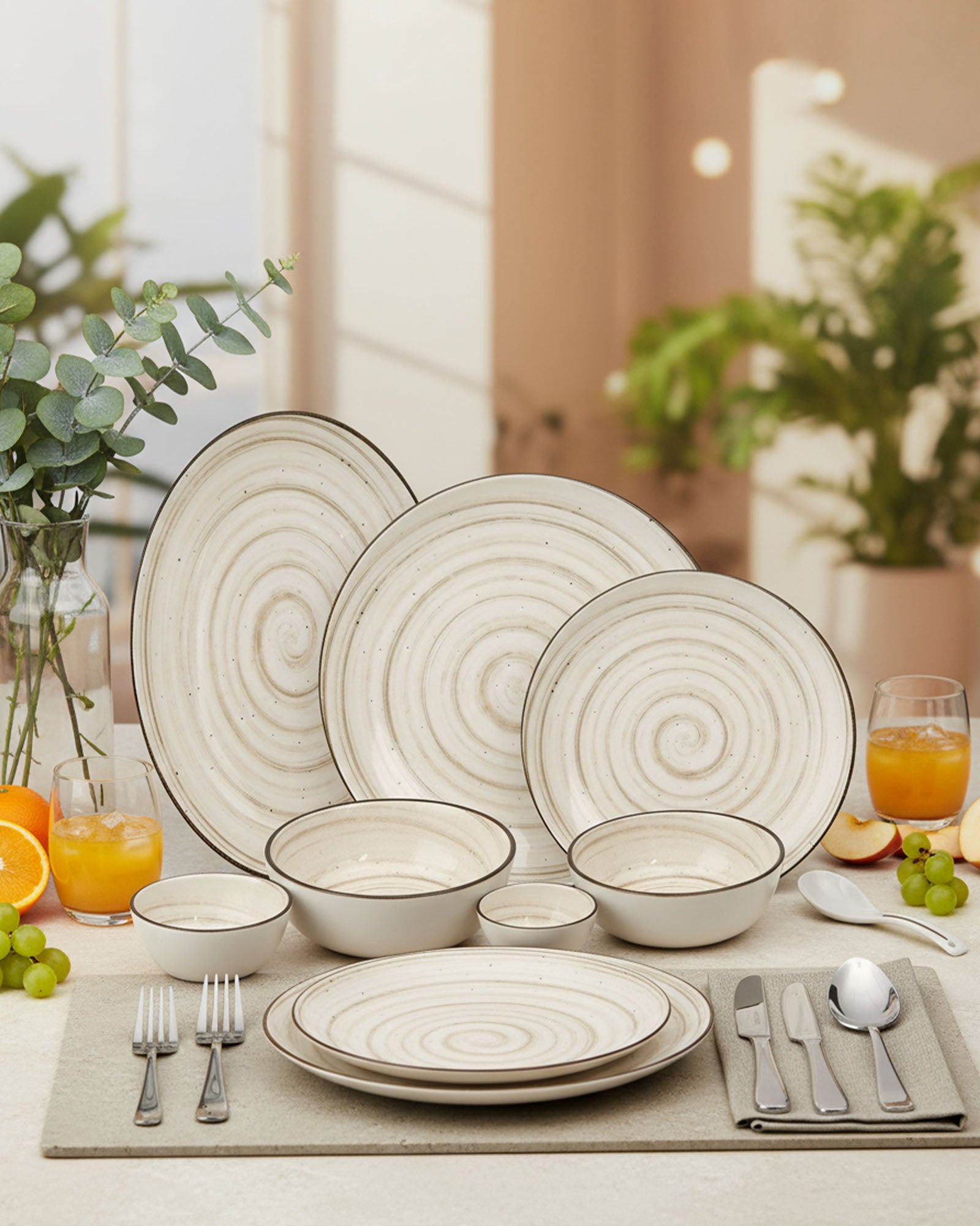 Pixel Collection Sova Fine Porcelain Dinnerware Set of 33 Pcs – Minimalist Spiral Beige Ceramic Tableware