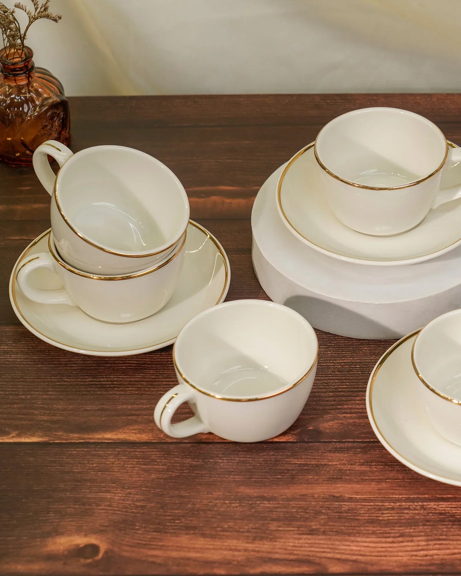 Pristine Collection Cookie Delight Brew Set – 12 Pc Premium Porcelain Tea Cup & Saucer Set (200ml) | Gold Rim