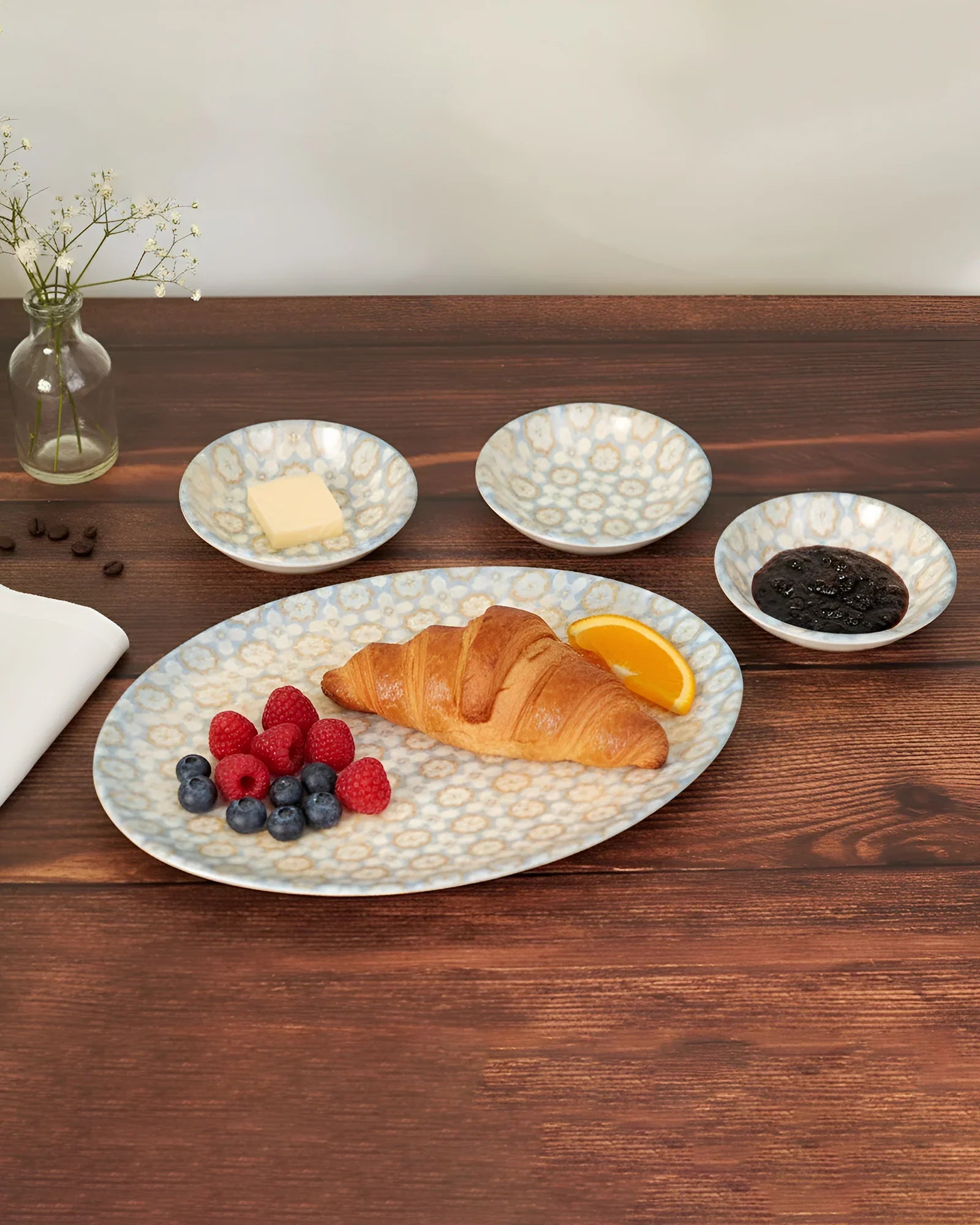 Pixel Collection Trio Bowls with Oval Platter – 4 Pc Premium Porcelain Serving Set