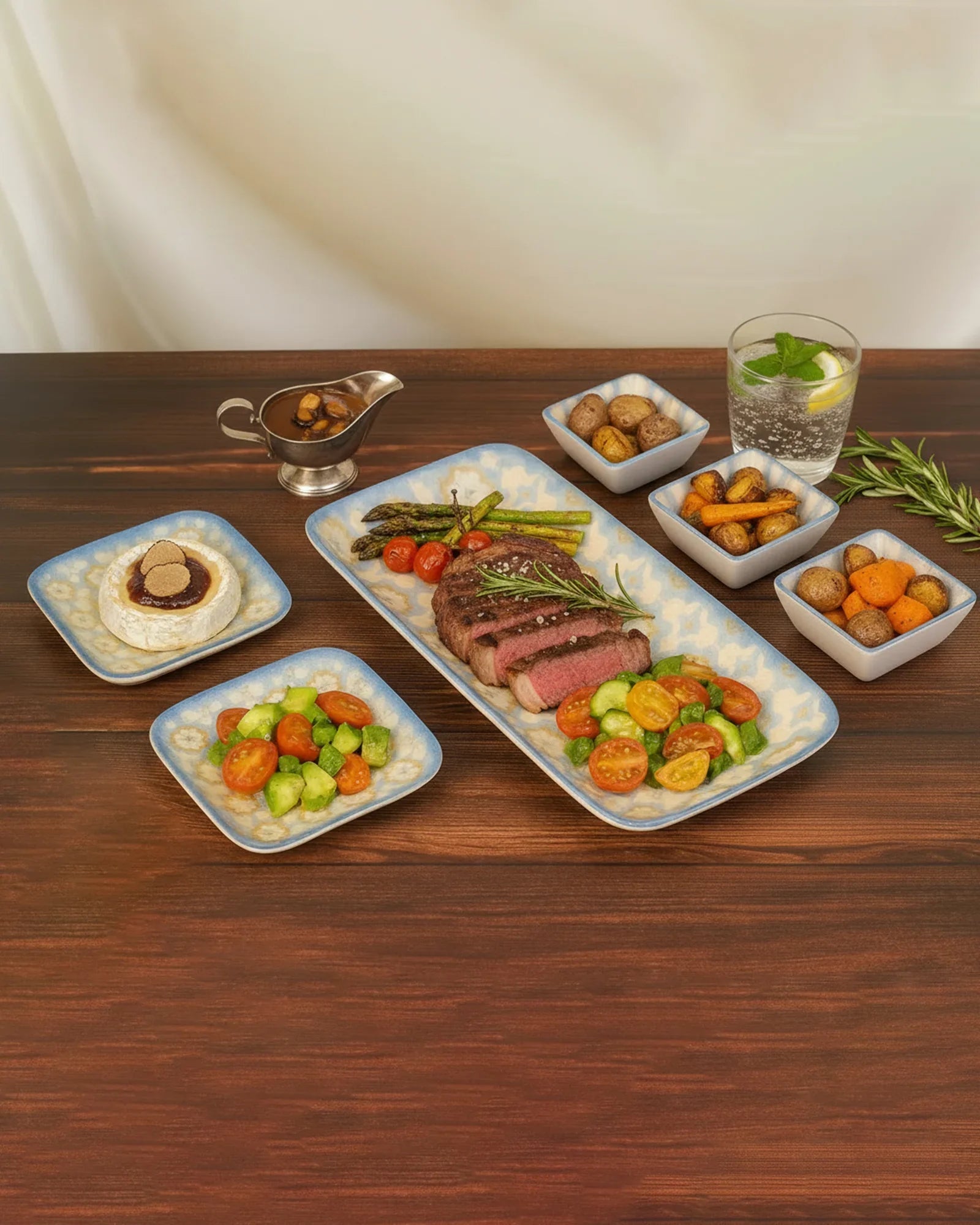 Pixel Collection Rectangle Charm with Dip Bowls – 6 Pc Porcelain Serving Set