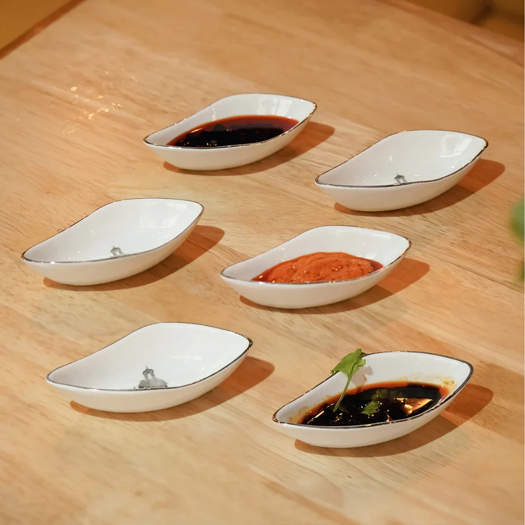 Gaj Mini Boat Fine Porcelain Bowl – Platinum Rim Snack Bowl for Dips, Nuts & Sides - Vola Global