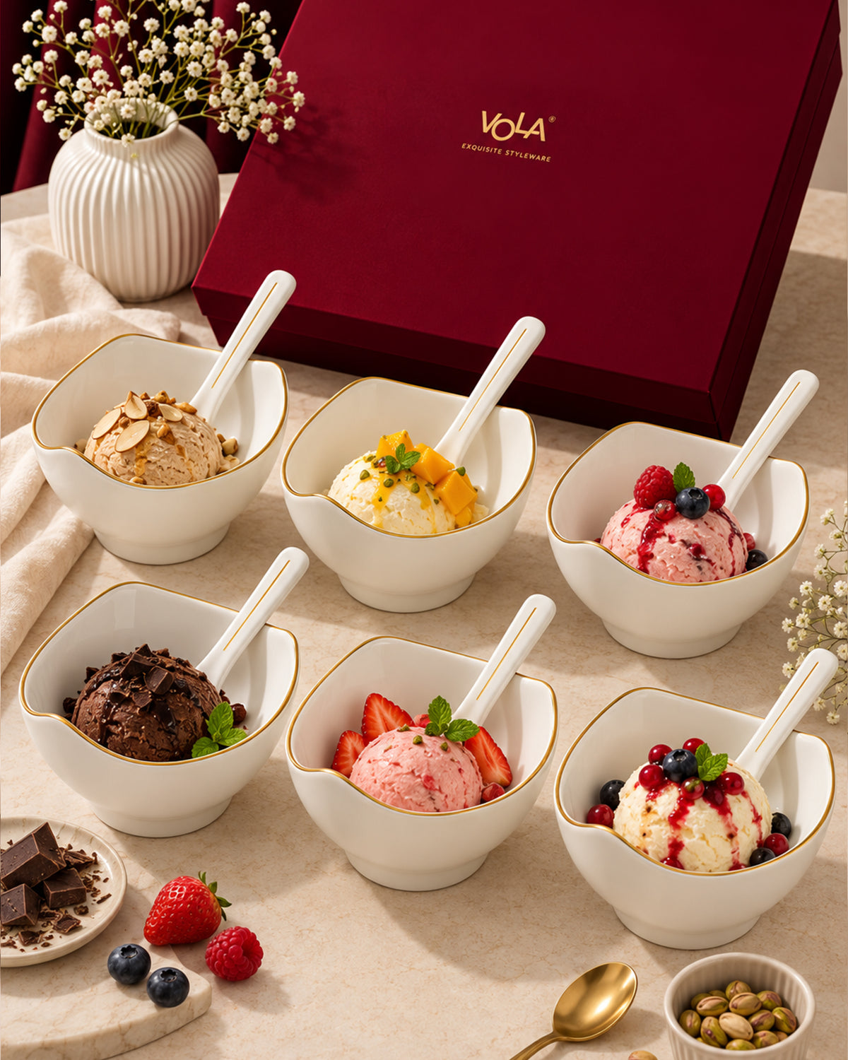 Bloom Vegas Fine Porcelain Dessert Set with Gold Detailing - Set of 6