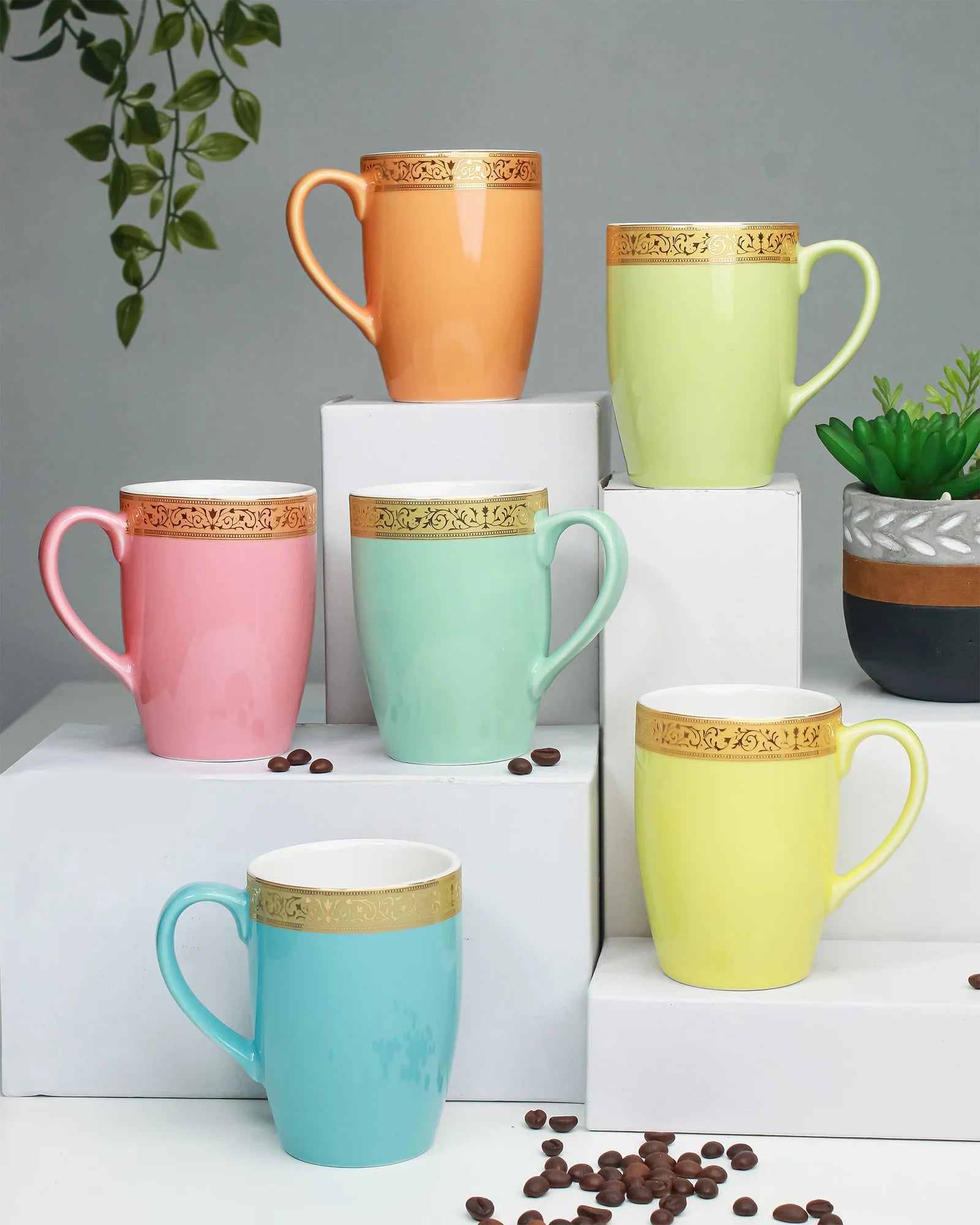 Scarlet Fine Porcelain Mug Set of 6 – Elegant Pastel Colors with Gold Rims - Vola Global