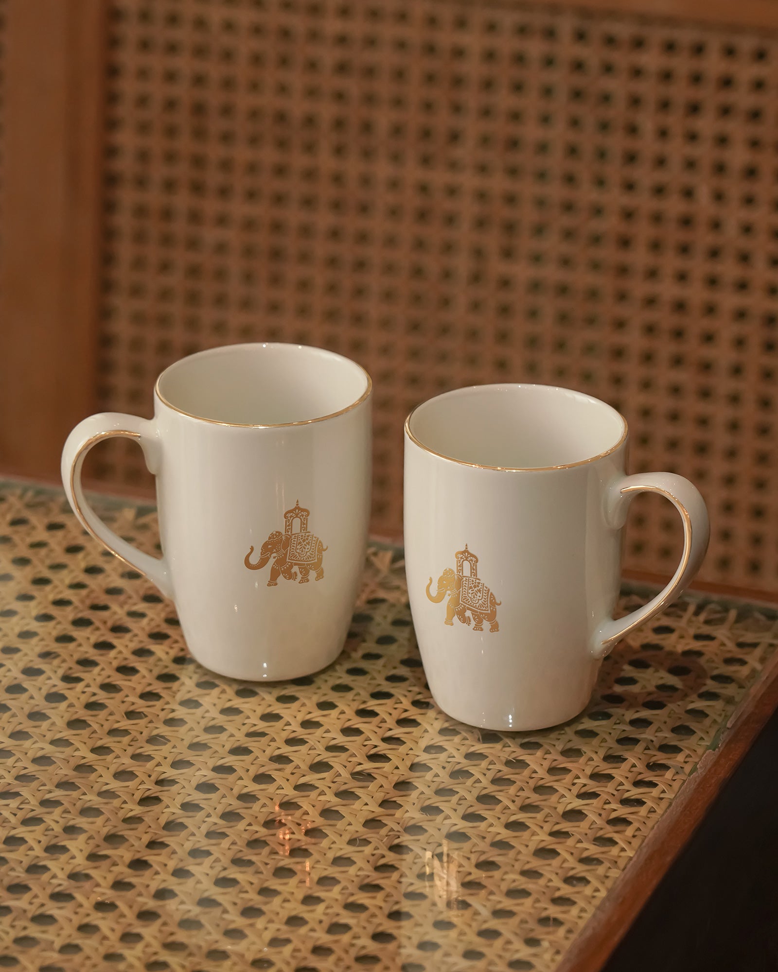 Gold || Gaj Mug & Bowl Set – 2 Coffee Mugs + 2 Curve-Shaped Square Bowls | Porcelain | Elephant Motif