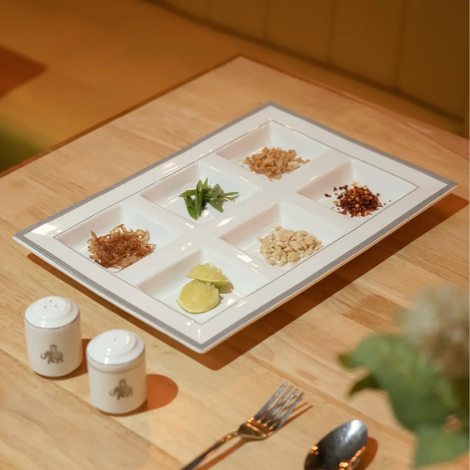 Gaj Six Grid Fine Porcelain Platter – 1 Pc Serving Tray with 6 Compartments & Elephant Motif - Vola Global