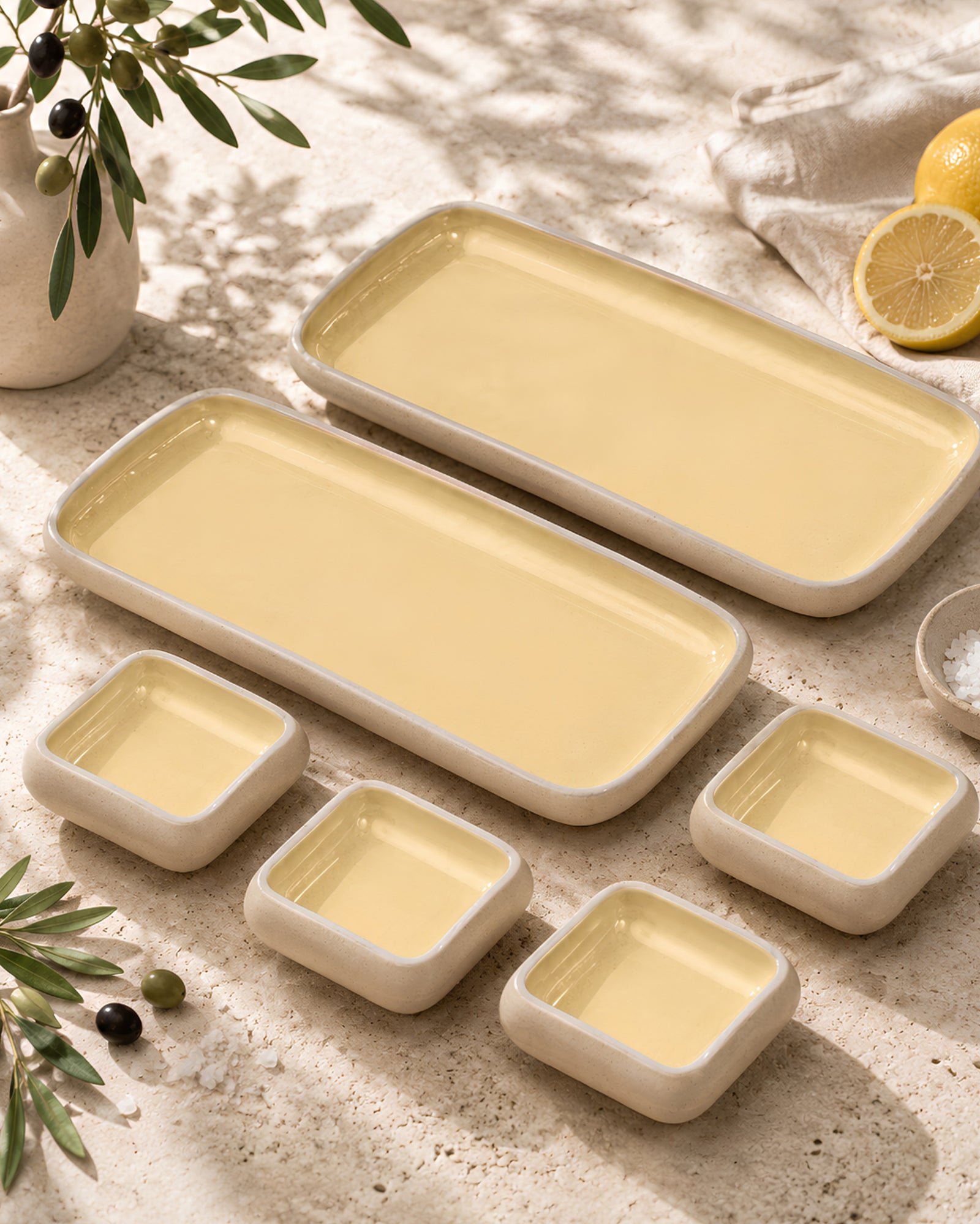Earthen Soul Long Tray Set | 2 Rectangle Platters with 4 Square Dip Bowls | Earth Porcelain