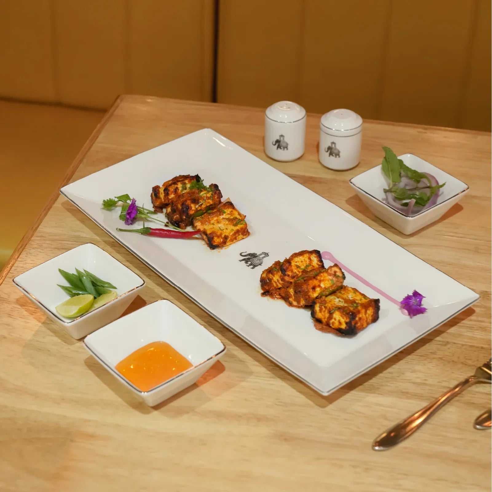Gaj Series Fine Porcelain Snack Set of 6 – Includes Edge Platter, Bowls & Salt & Pepper Shakers - Vola Global