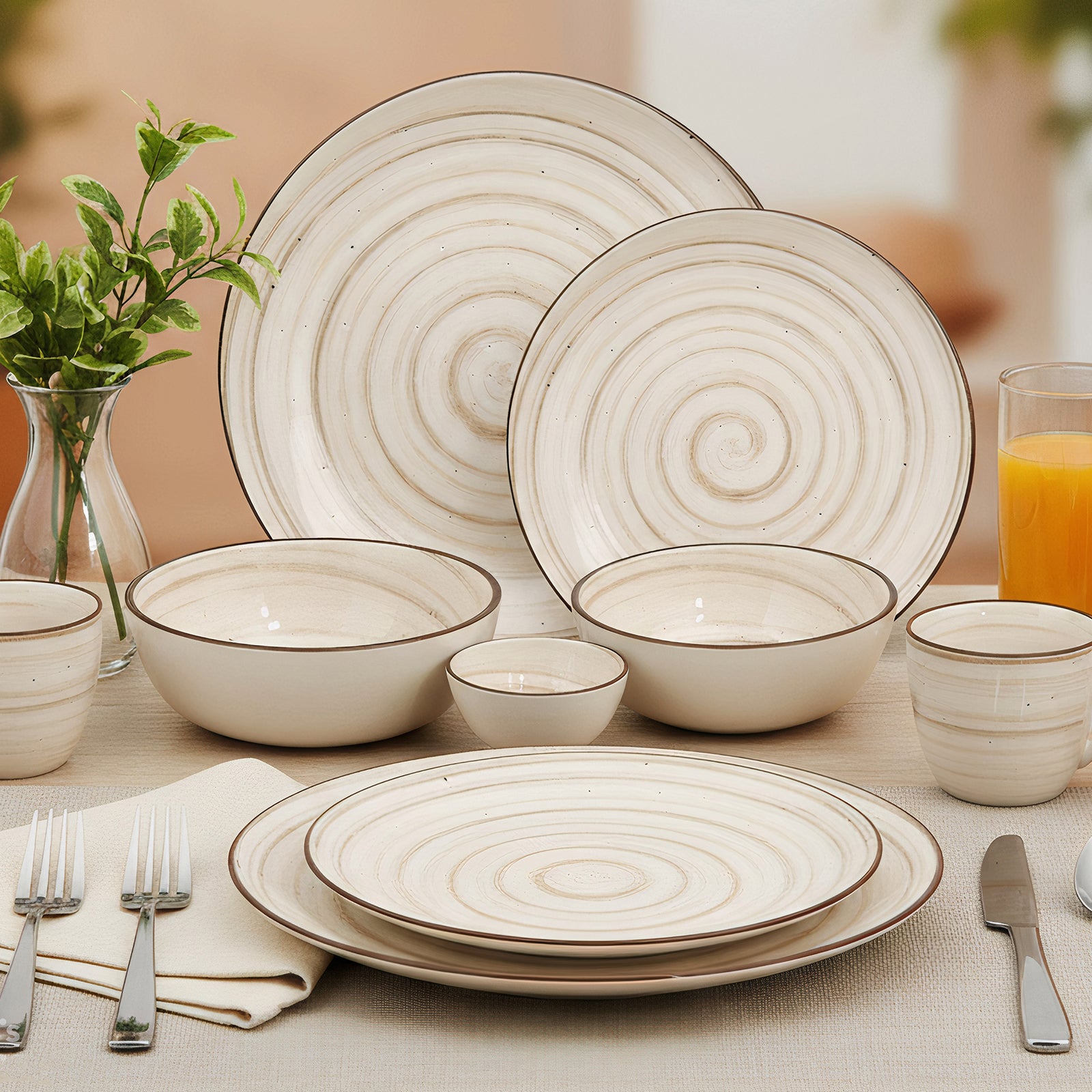 Pixel Collection Sova Fine Porcelain Dinnerware Set of 20 Pcs – Minimalist Spiral Beige Ceramic Tableware