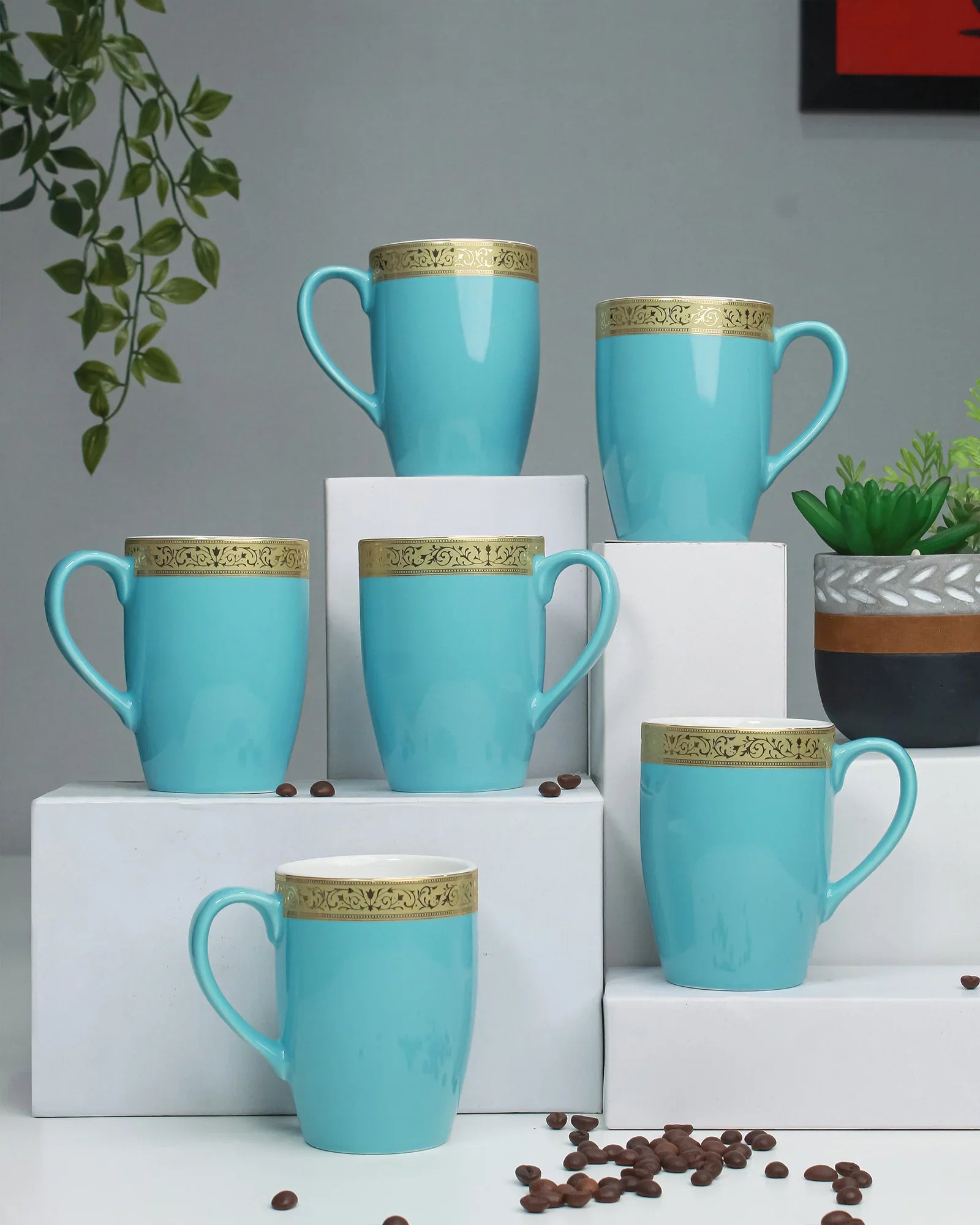 Scarlet Fine Porcelain Mug Set of 6 – Elegant Pastel Colors with Gold Rims - Vola Global