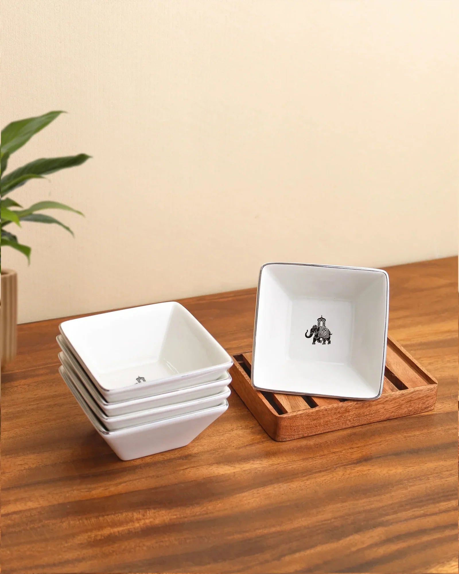 Gaj Series Fine Porcelain Snack Set of 6 – Includes Edge Platter, Bowls & Salt & Pepper Shakers - Vola Global