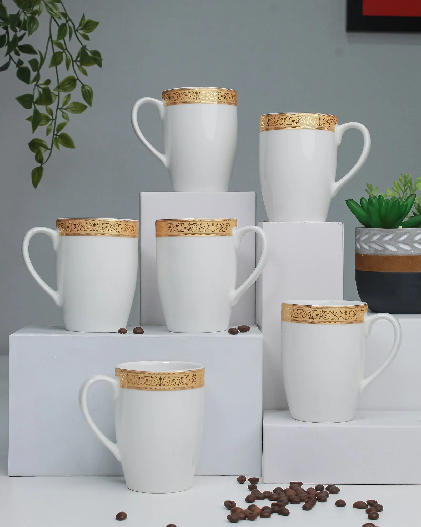 Scarlet Fine Porcelain Mug Set of 6 – Elegant Pastel Colors with Gold Rims - Vola Global