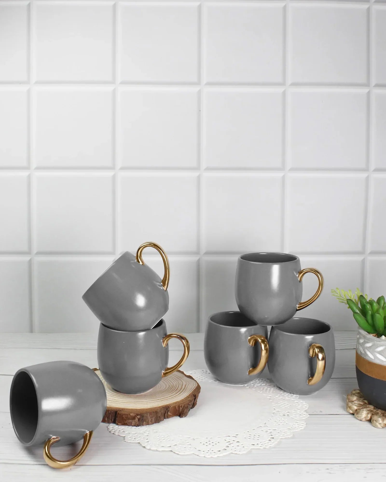 Bloom Fine Porcelain Tea Mug Set of 6 – Luxurious Design with Golden Handle - Vola Global