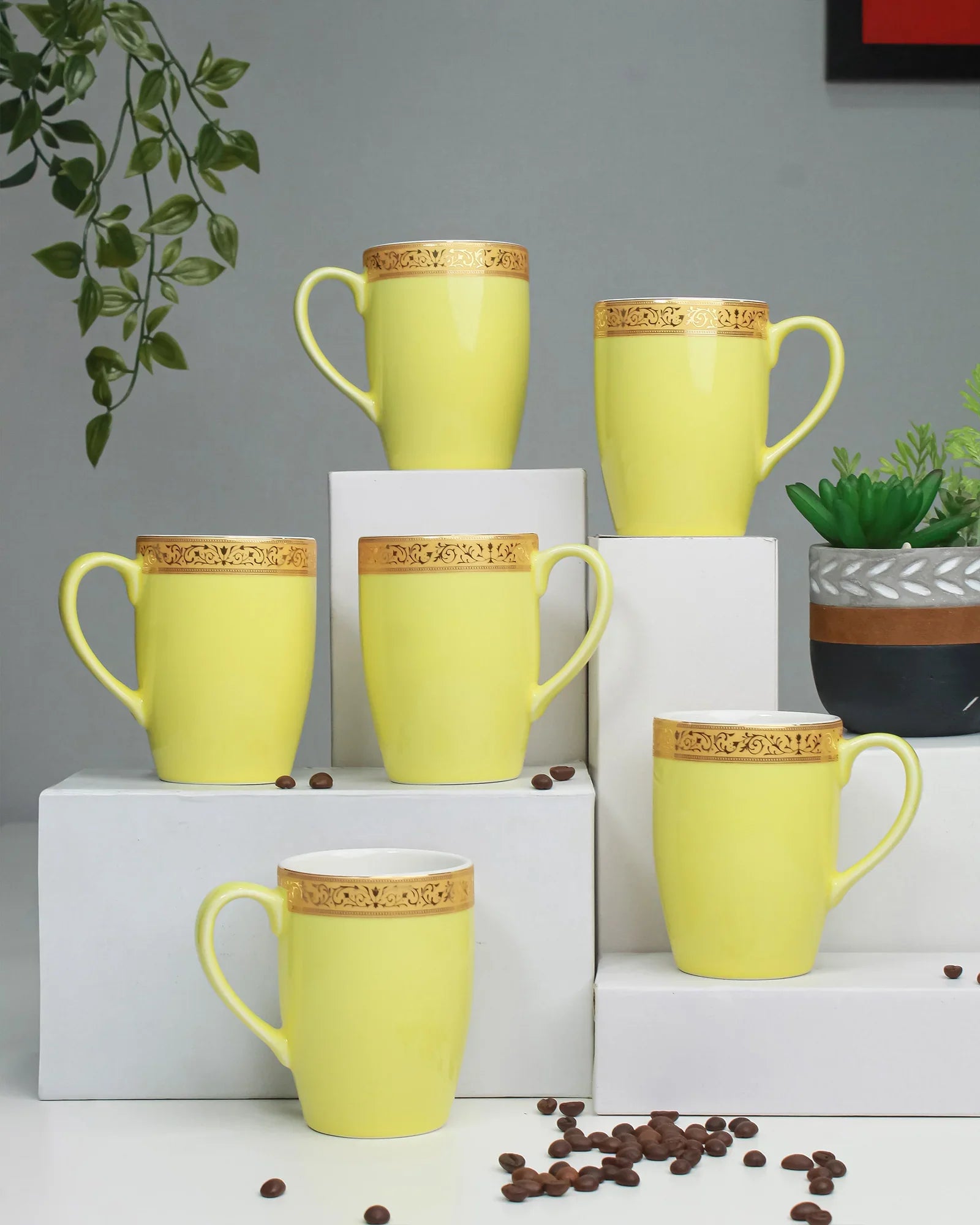 Scarlet Fine Porcelain Mug Set of 6 – Elegant Pastel Colors with Gold Rims - Vola Global