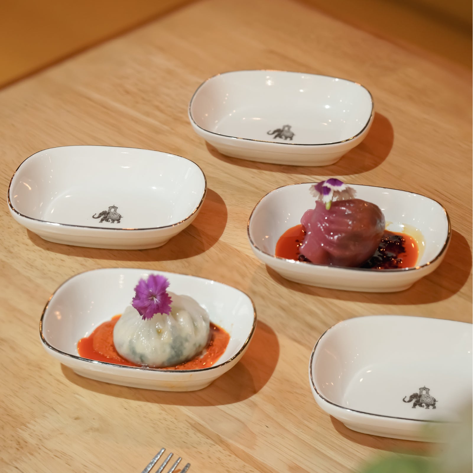 Gaj Rectangle Serving Bowls – Small | Set of 6 Porcelain Bowls with Platinum Rim & Elephant Motif