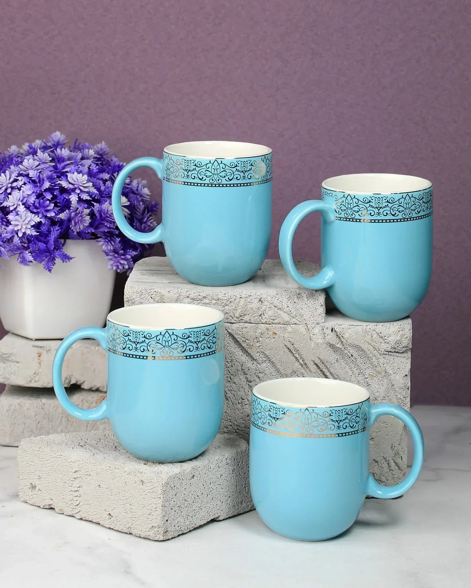 Heritage Sparkle Fine Porcelain Mug Set of 6 – Superior Finish in Trendy Hues - Vola Global