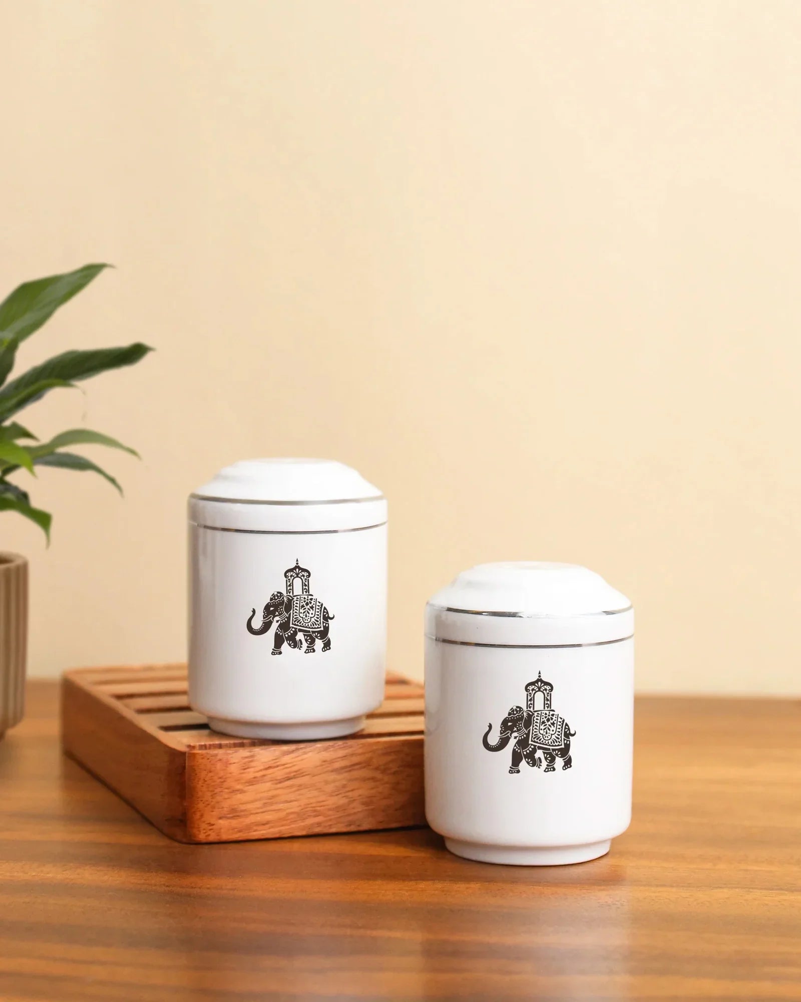 Gaj Salt & Pepper Shakers – Fine Porcelain with Platinum Detailing, Elephant Motif - Vola Global