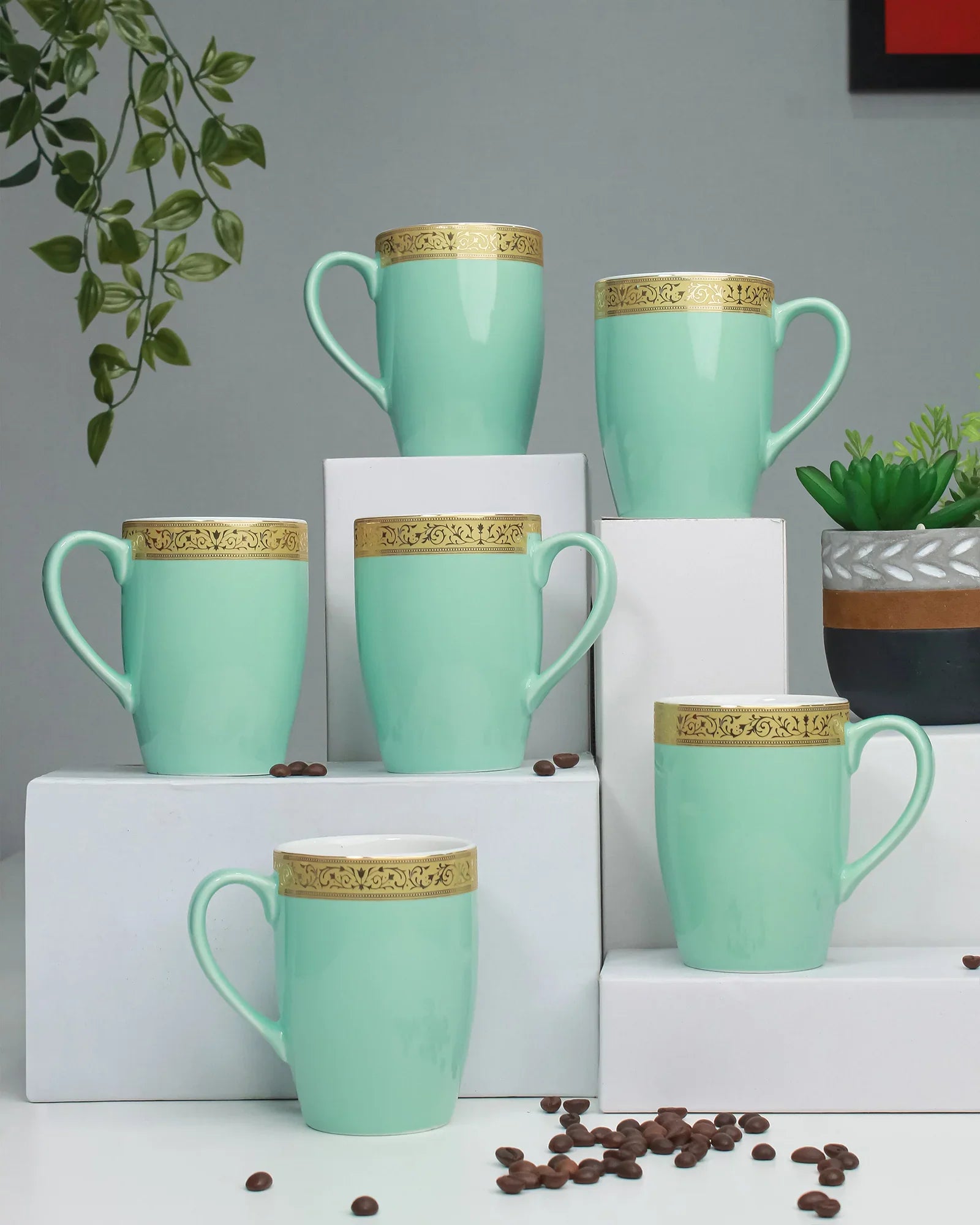 Scarlet Fine Porcelain Mug Set of 6 – Elegant Pastel Colors with Gold Rims - Vola Global