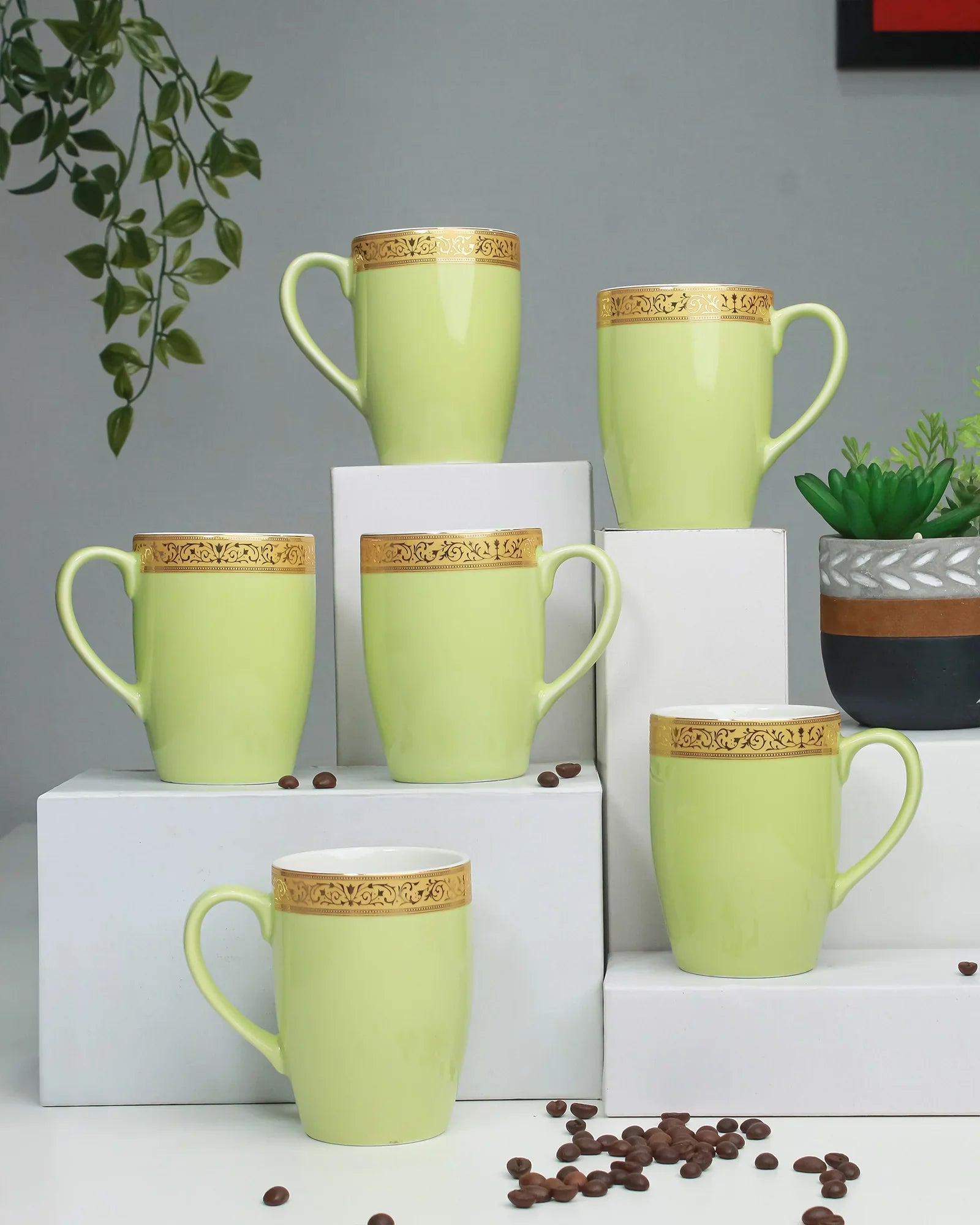 Scarlet Fine Porcelain Mug Set of 6 – Elegant Pastel Colors with Gold Rims - Vola Global