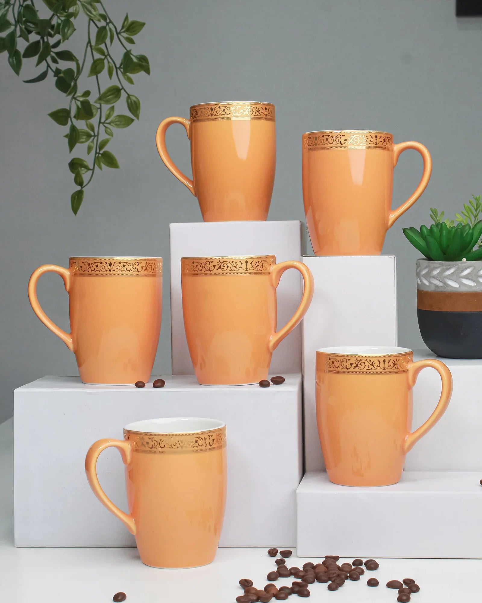 Scarlet Fine Porcelain Mug Set of 6 – Elegant Pastel Colors with Gold Rims - Vola Global