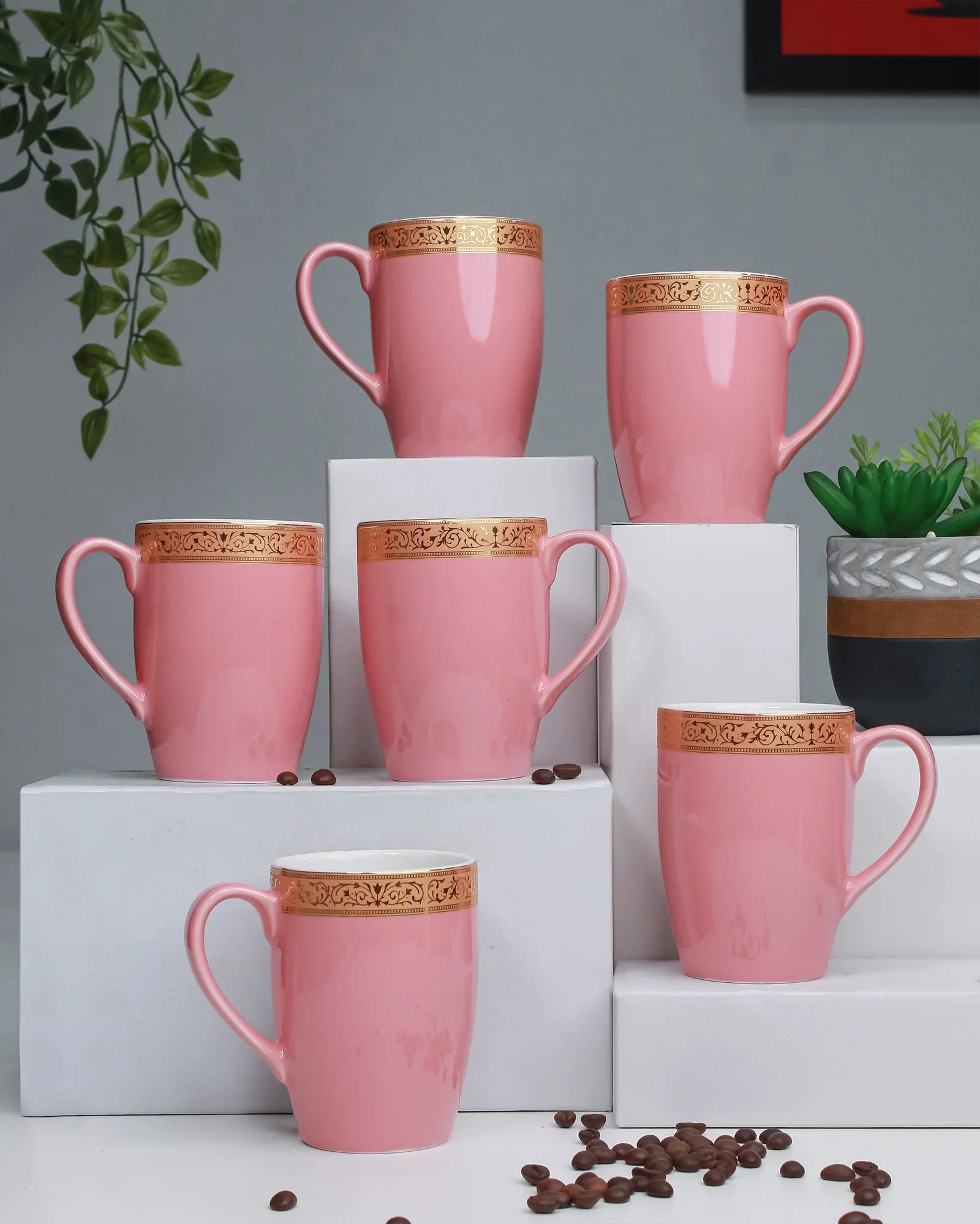 Scarlet Fine Porcelain Mug Set of 6 – Elegant Pastel Colors with Gold Rims - Vola Global
