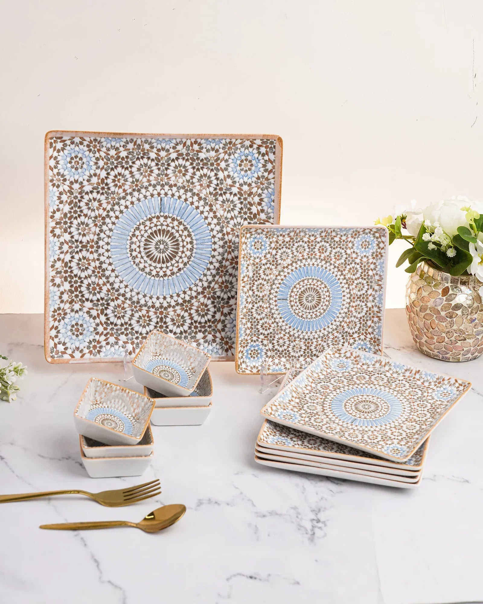 Pixel Collection Fine Porcelain Snack Set of 13 – Premium Serving Bowls & Plates - Vola Global