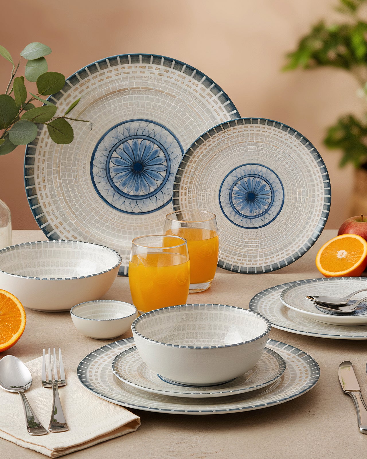 Pixel Collection Sora Fine Porcelain Dinnerware Set of 20 Pcs – Elegant Blue Mosaic Ceramic Tableware