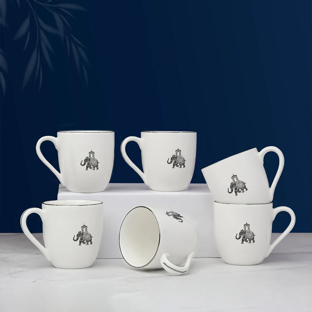Gaj Mini Sip Cup Set of 6 – Fine Porcelain Cups with Elephant Motif - Vola Global