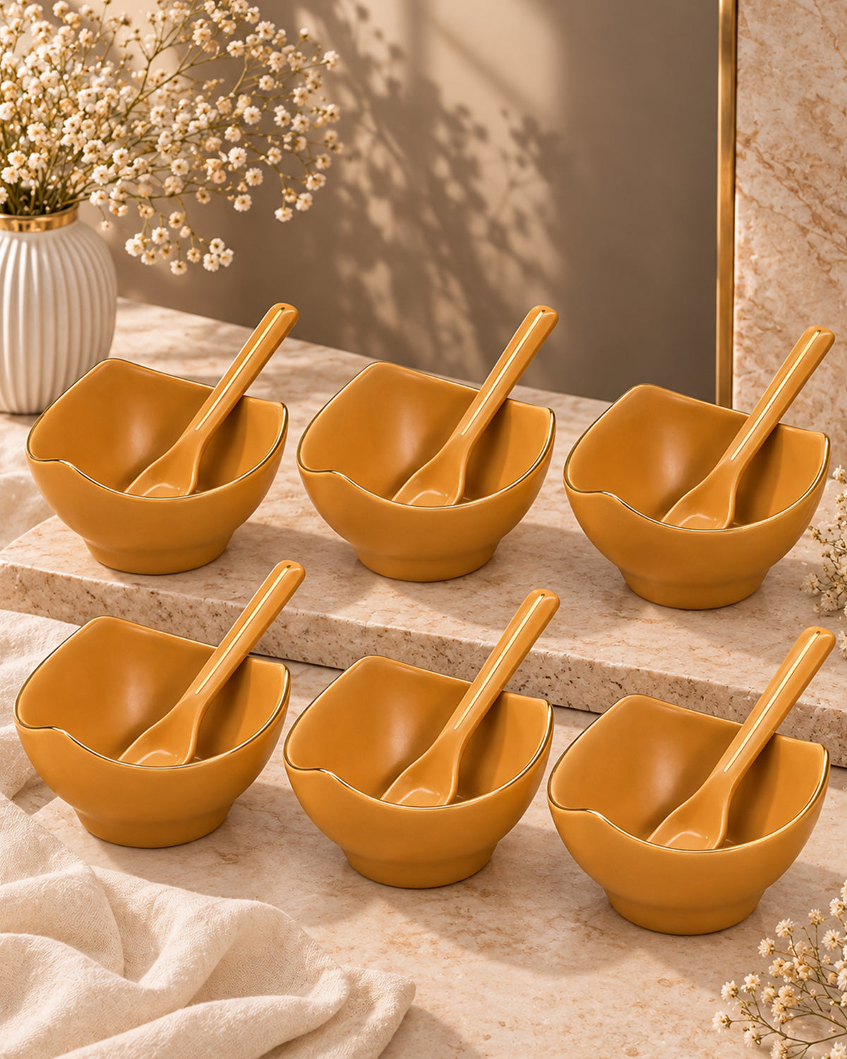 Bloom Vegas Fine Porcelain Dessert Set with Gold Detailing - Set of 6