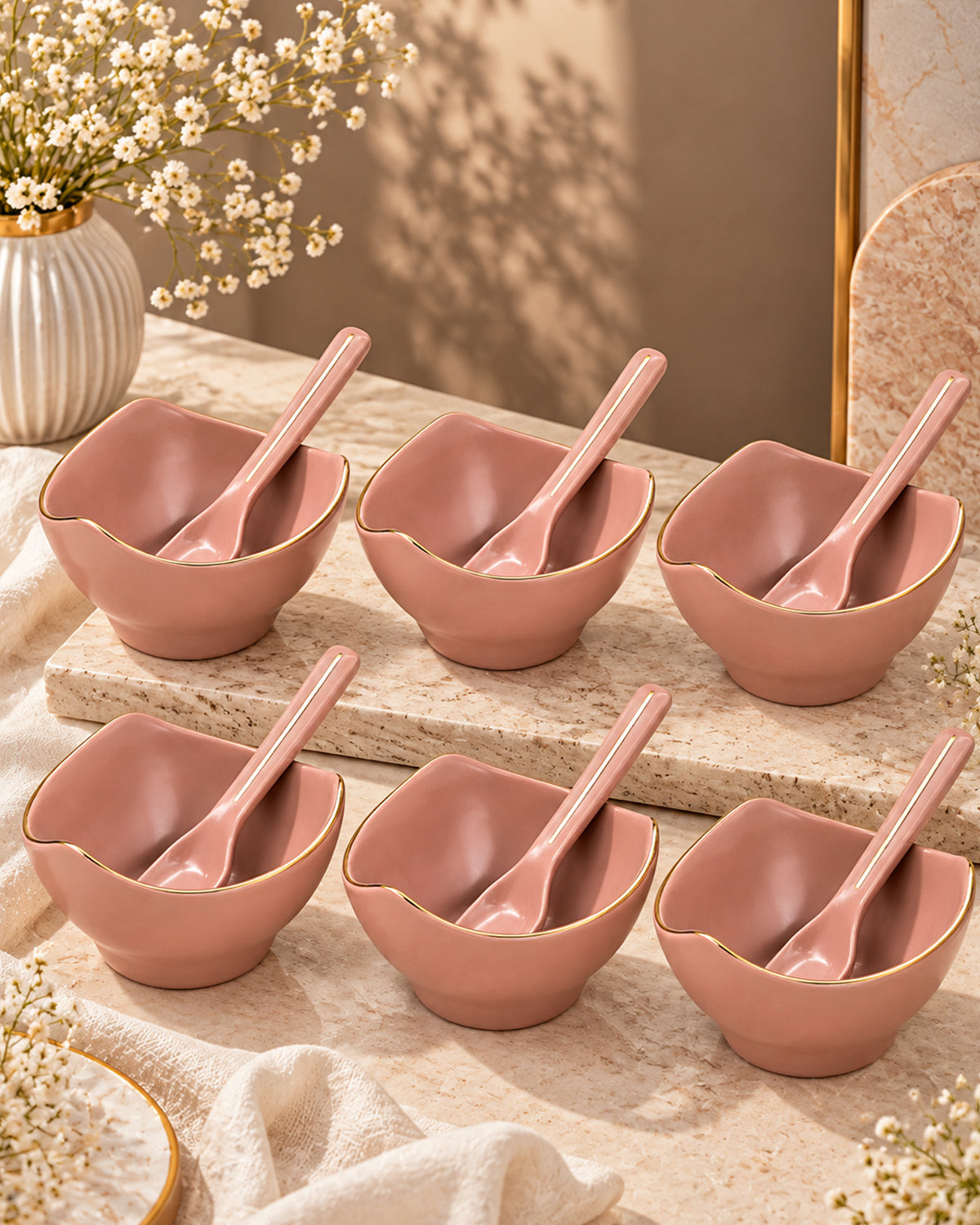 Bloom Vegas Fine Porcelain Dessert Set with Gold Detailing - Set of 6