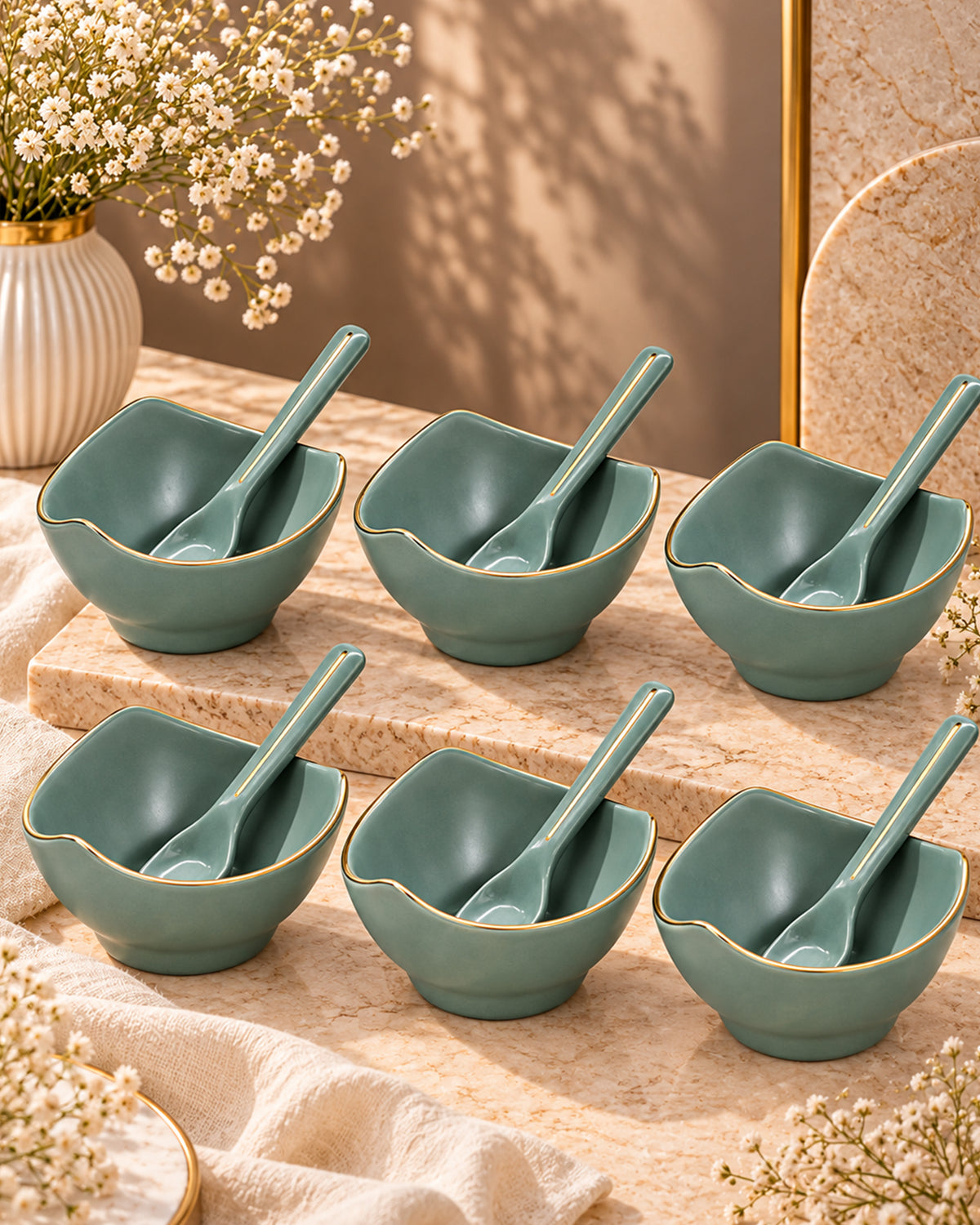 Bloom Vegas Fine Porcelain Dessert Set with Gold Detailing - Set of 6