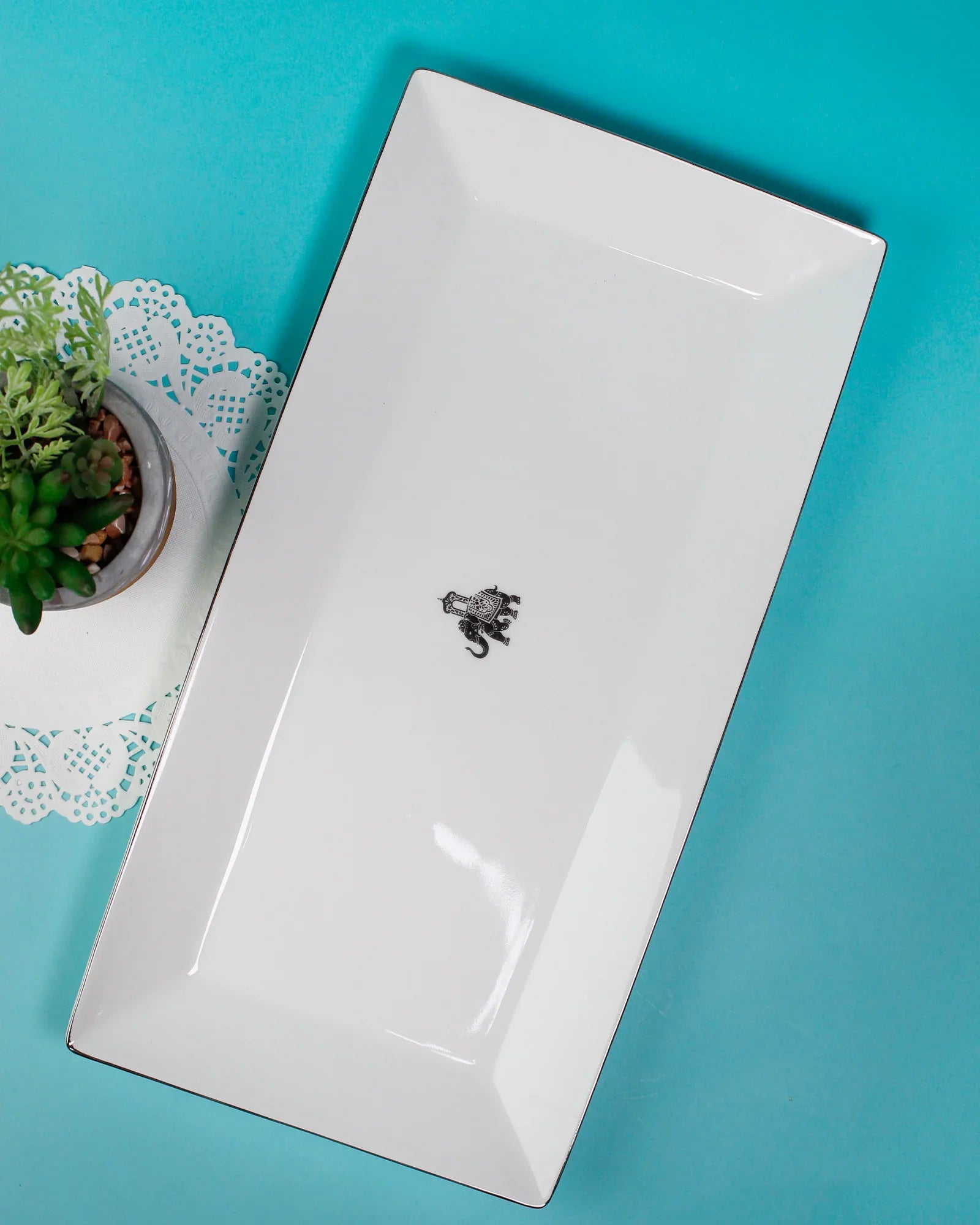 Gaj Edge Platter – 1 Pc Fine Porcelain Serving Plate with Platinum Rim & Elephant Motif - Vola Global