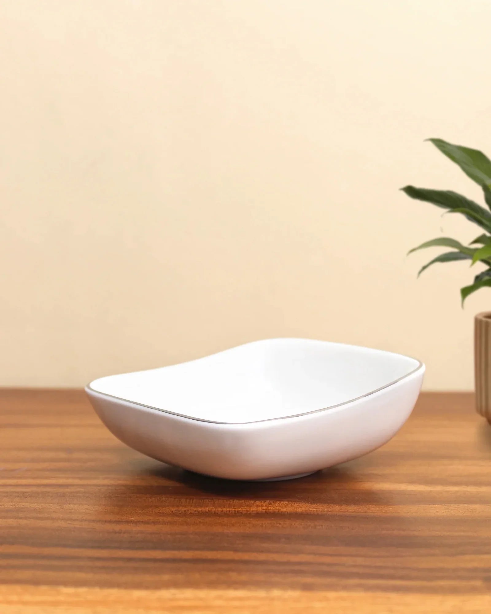 Gaj Fine Porcelain Curved Square Bowl Set of 4 – Platinum Rim with Elephant Motif - Vola Global