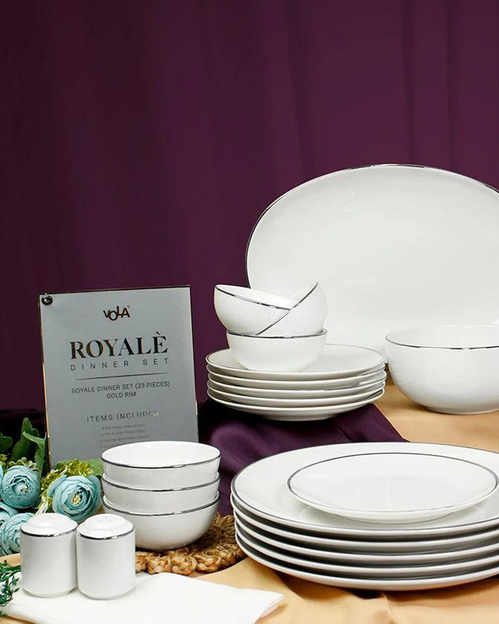 Royale 33-Piece Fine Porcelain Dinner Set – Elegant Gold Rim Tableware - Vola Global