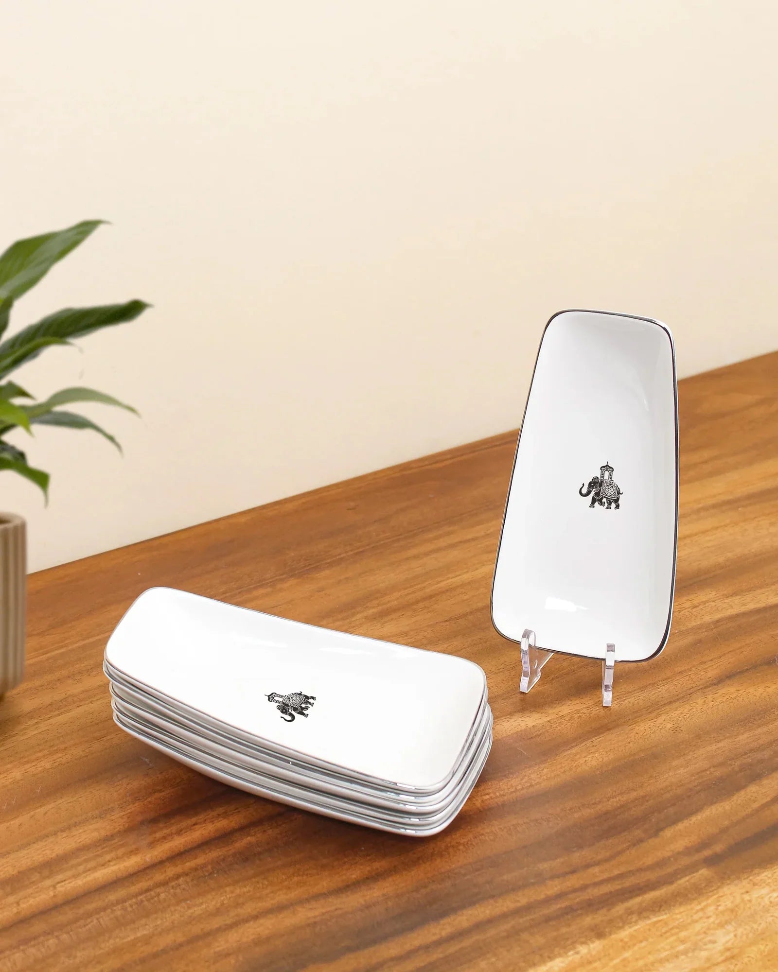 Gaj Cookie Plate Set – 6-Piece Fine Porcelain with Platinum Rim & Elephant Motif - Vola Global