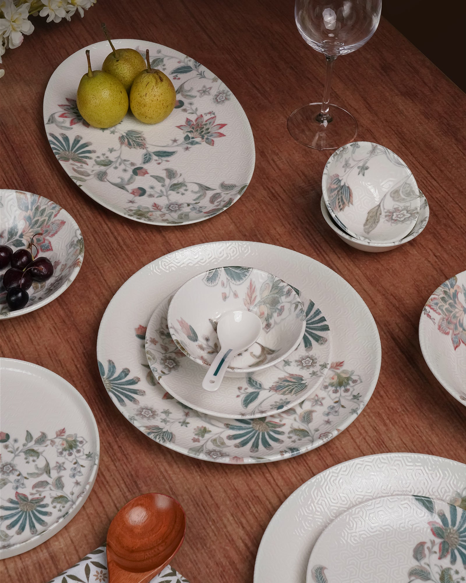 Pixel Jacobean Fine Porcelain Dinnerware Set of 33 – Celestial-Inspired Design - Vola Global