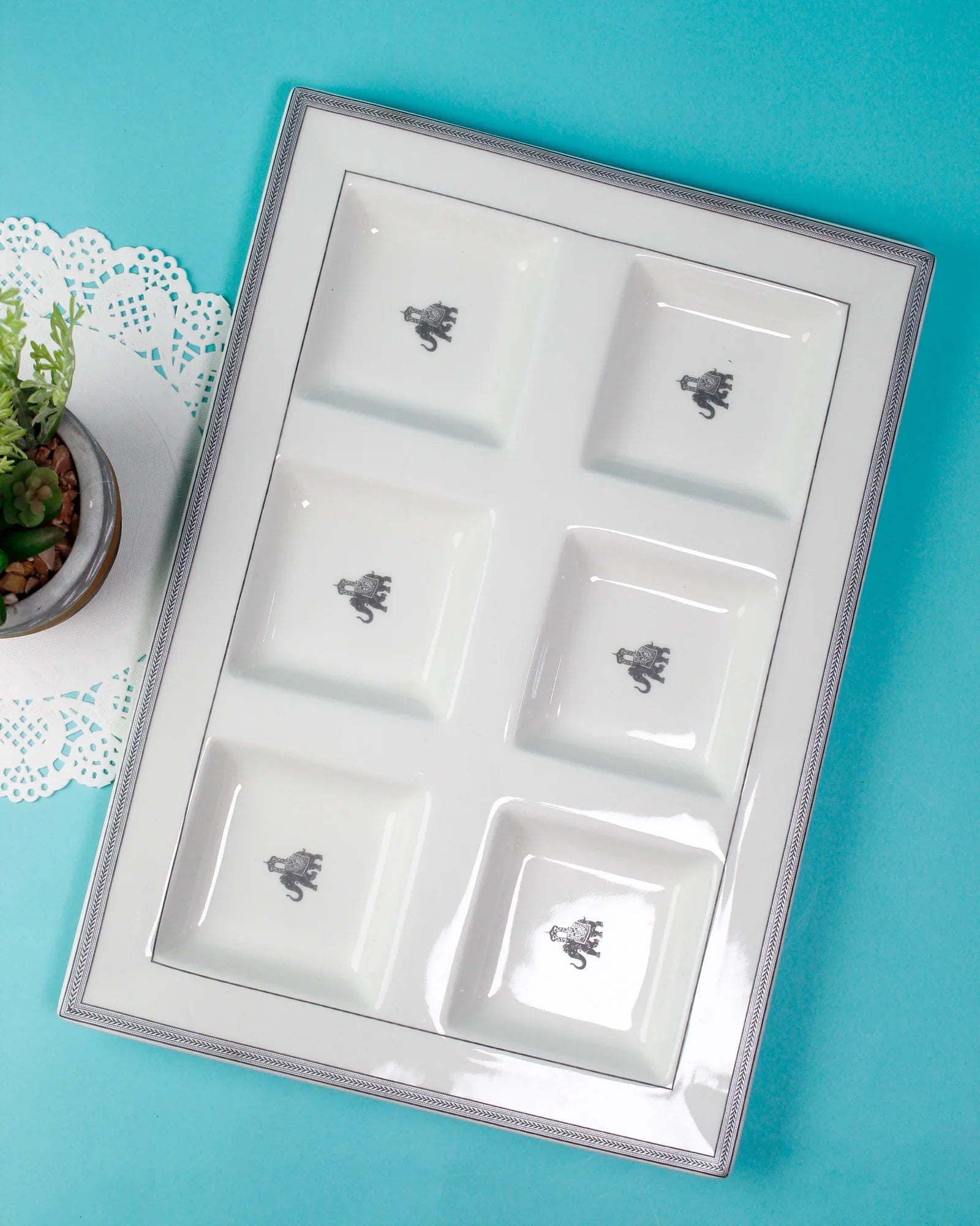 Gaj Six Grid Fine Porcelain Platter – 1 Pc Serving Tray with 6 Compartments & Elephant Motif - Vola Global