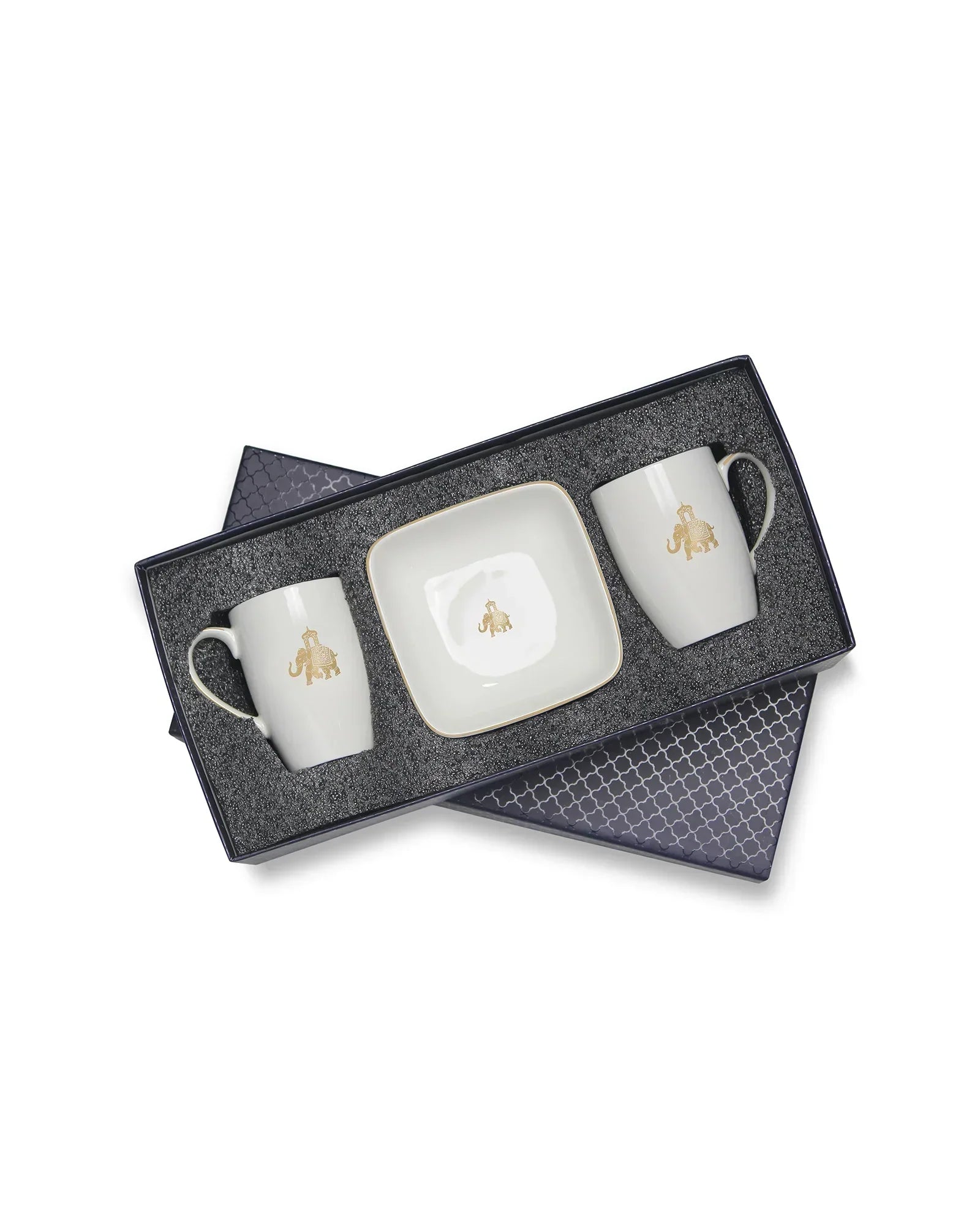 Gaj Mug & Bowl Set – 2 Fine Porcelain Mugs + 2 Curved Square Bowls with Elephant Motif - Vola Global