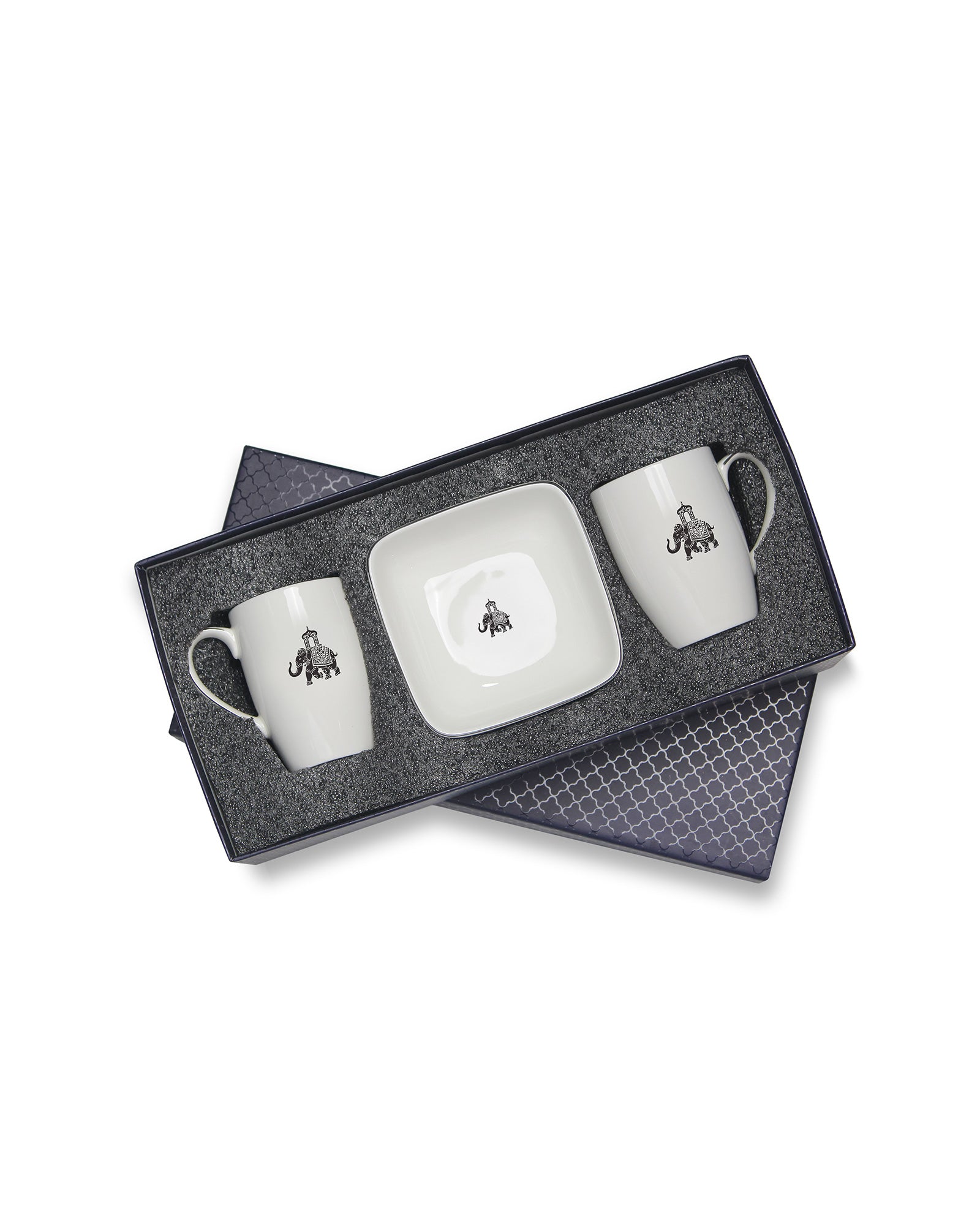Gaj Mug & Bowl Set – 2 Fine Porcelain Mugs + 2 Curved Square Bowls with Elephant Motif - Vola Global