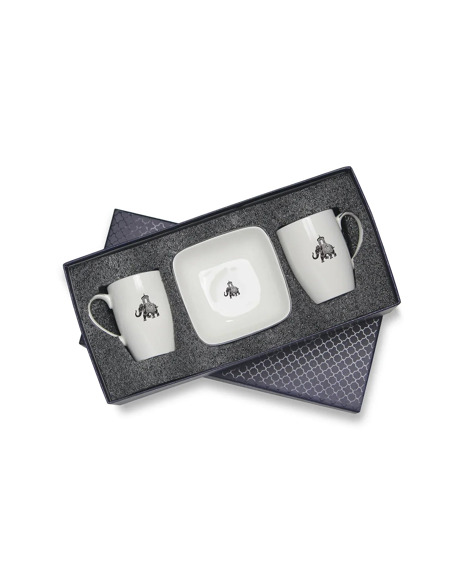 Gaj Mug & Bowl Set – 2 Fine Porcelain Mugs + 2 Curved Square Bowls with Elephant Motif - Vola Global