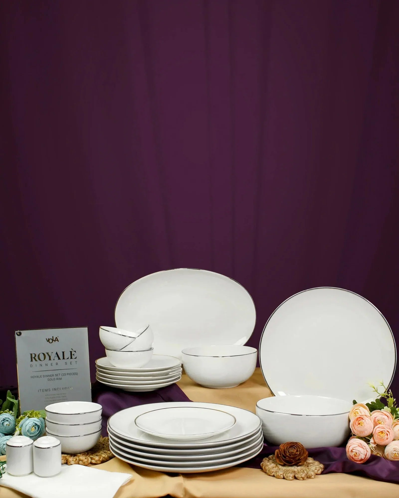 Royale 33-Piece Fine Porcelain Dinner Set – Elegant Gold Rim Tableware - Vola Global