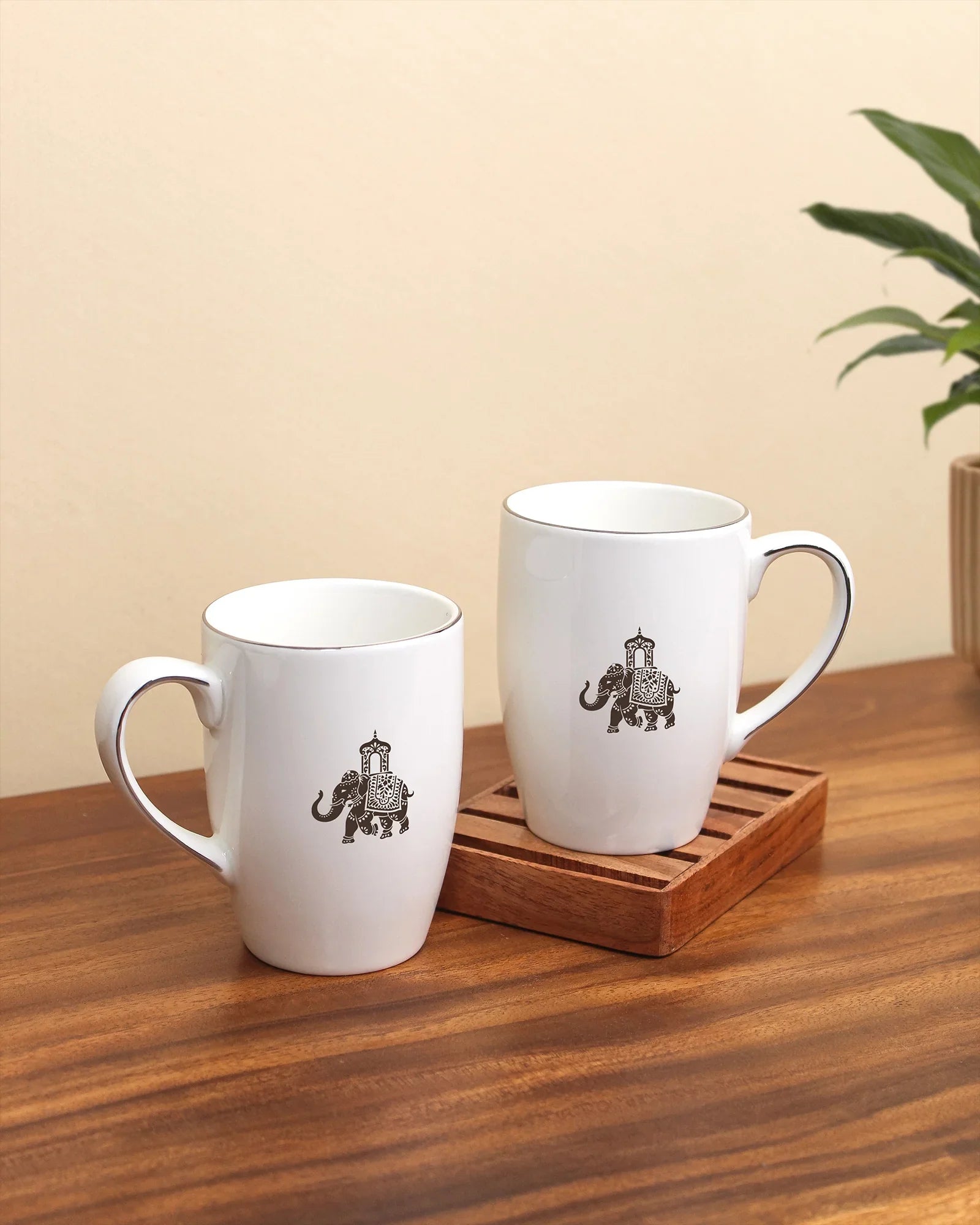 Gaj Luxury Gift Set – 2 Fine Porcelain Mugs & 2 Cookie Plates, Fine Platinum Rim - Vola Global