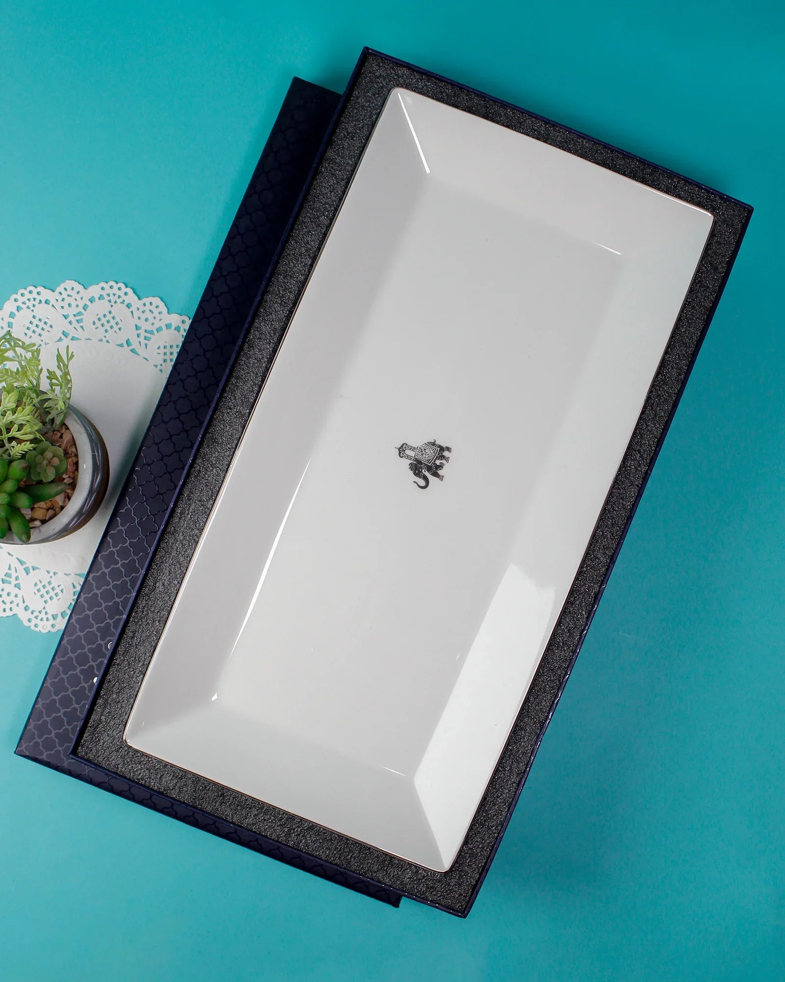 Gaj Edge Platter – 1 Pc Fine Porcelain Serving Plate with Platinum Rim & Elephant Motif - Vola Global