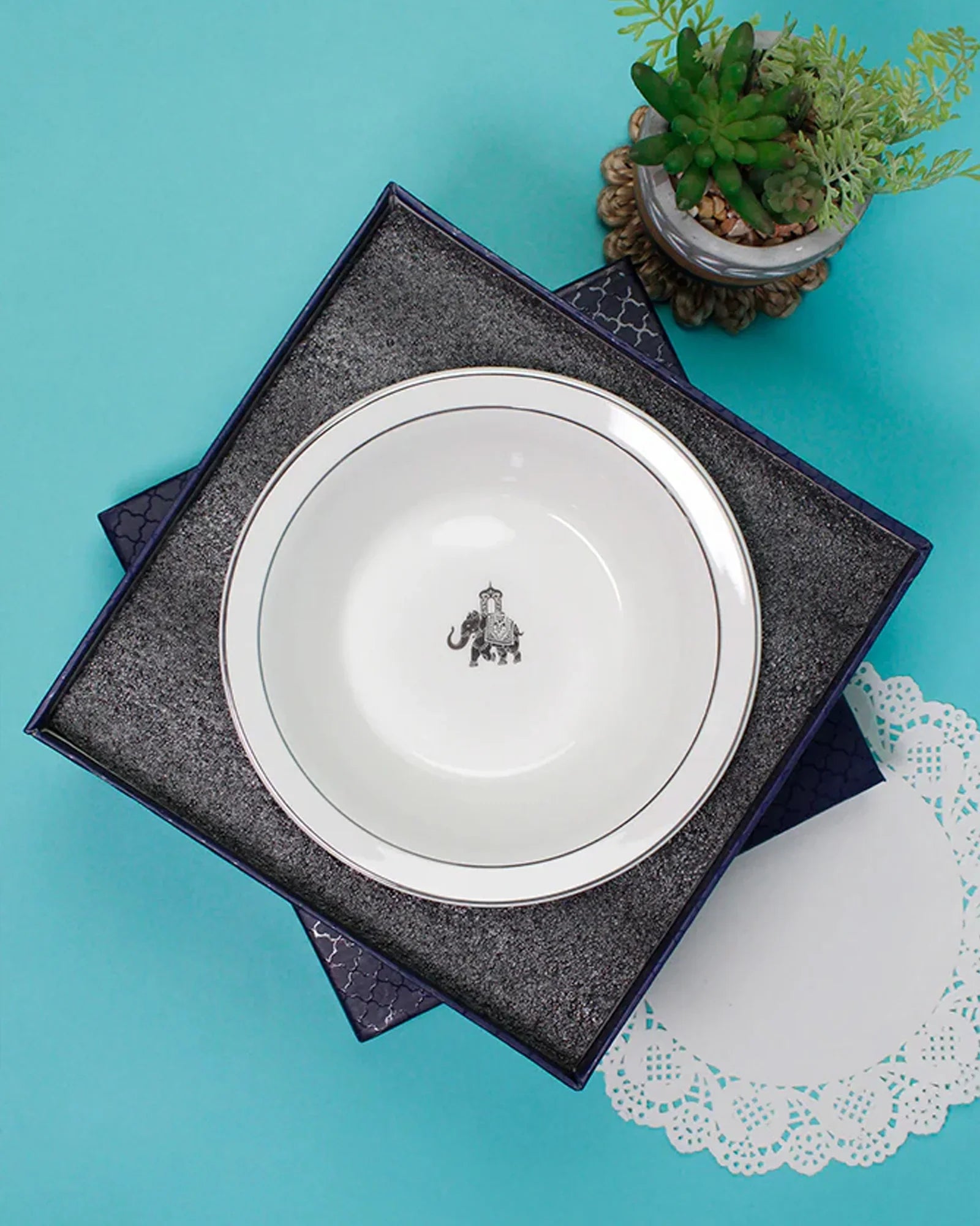 Gaj Salad Bowl – 1 Pc Fine Porcelain Bowl with Platinum Rim & Elephant Motif - Vola Global