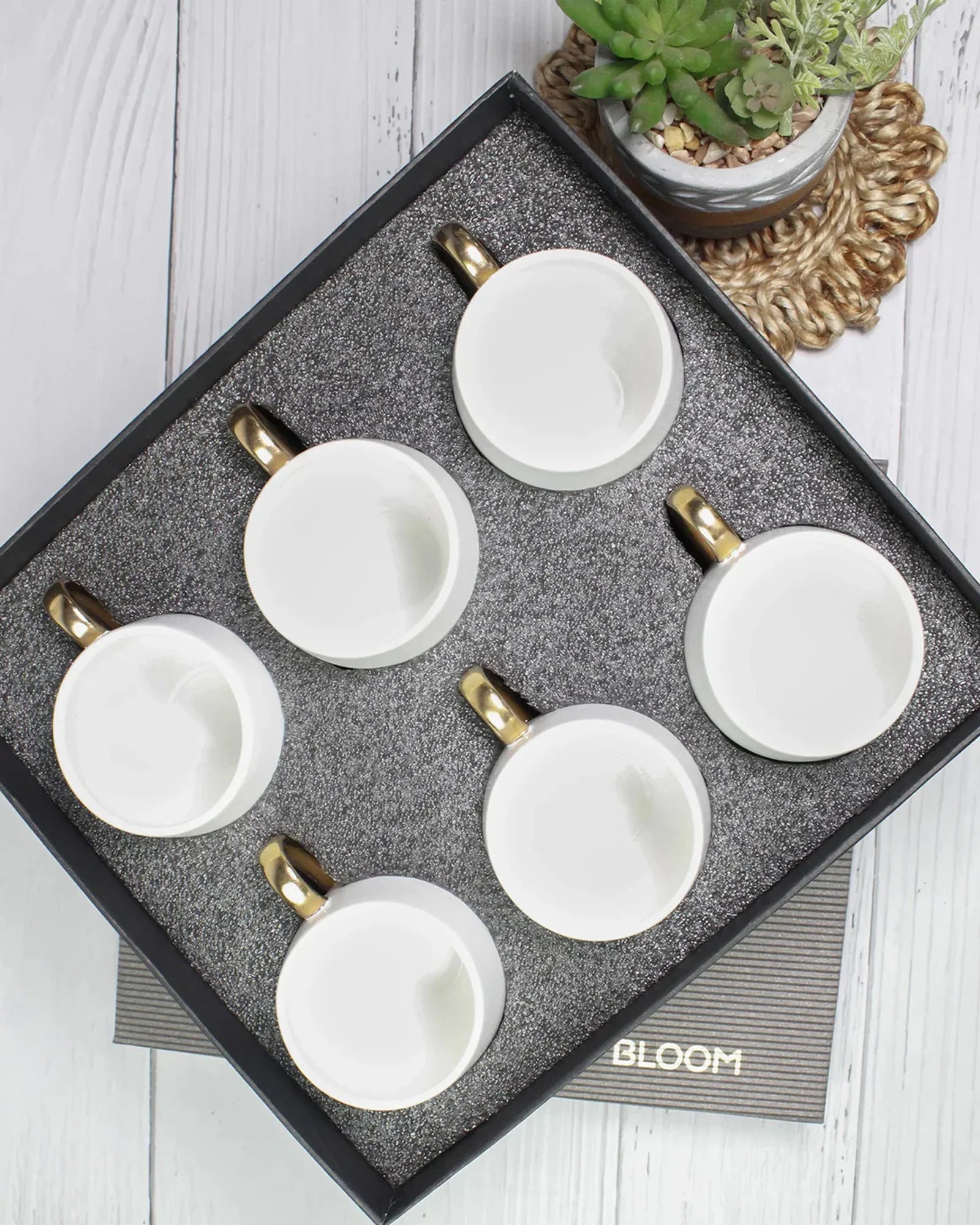 Bloom Fine Porcelain Tea Mug Set of 6 – Luxurious Design with Golden Handle - Vola Global