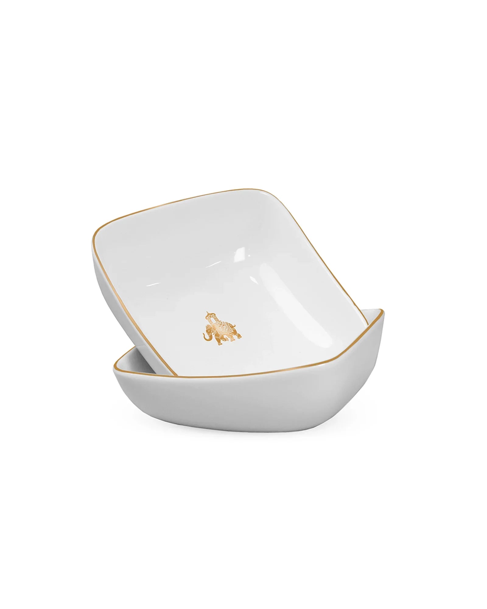 Gaj Fine Porcelain Curved Square Bowl Set of 4 – Platinum Rim with Elephant Motif - Vola Global