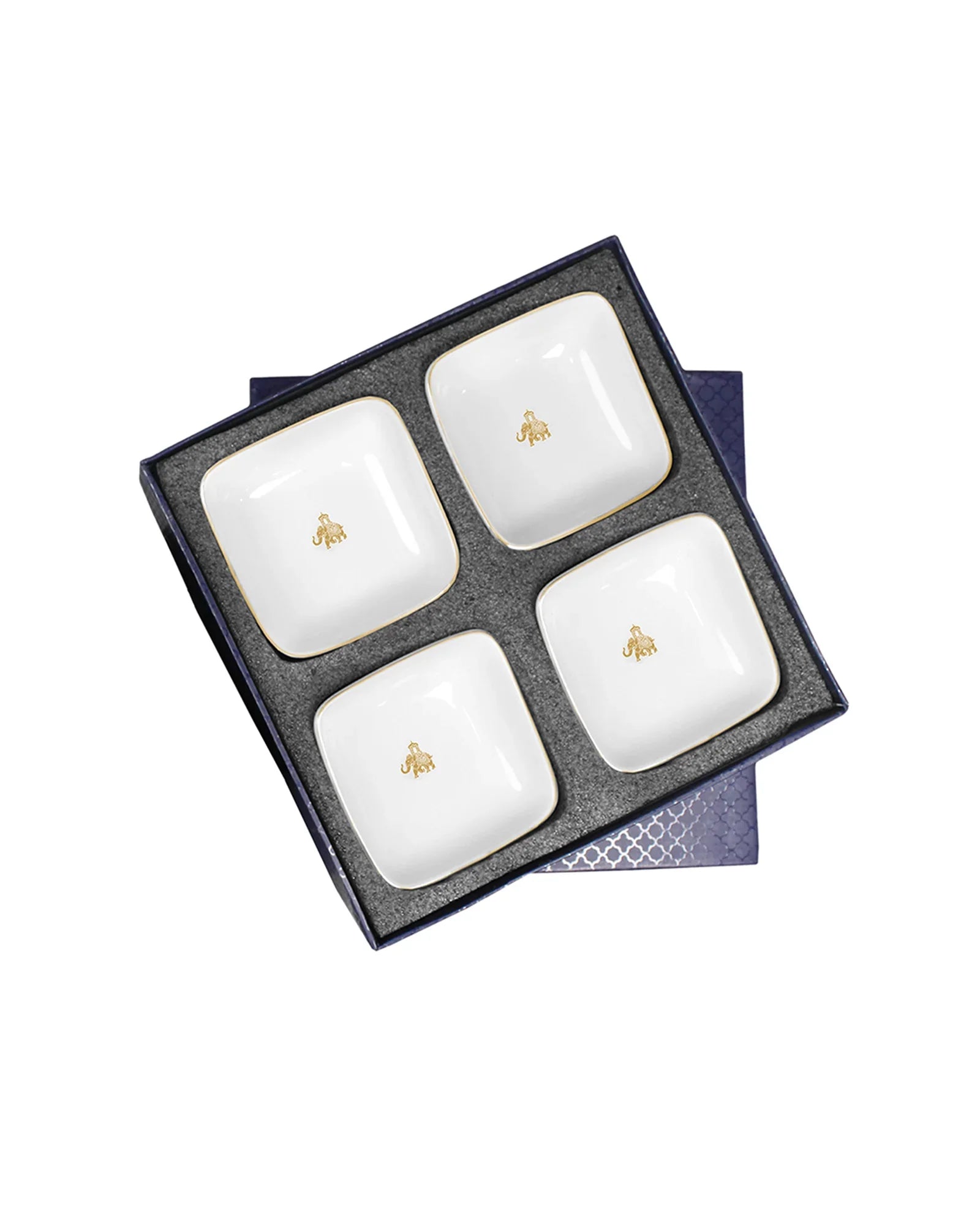 Gaj Fine Porcelain Curved Square Bowl Set of 4 – Platinum Rim with Elephant Motif - Vola Global