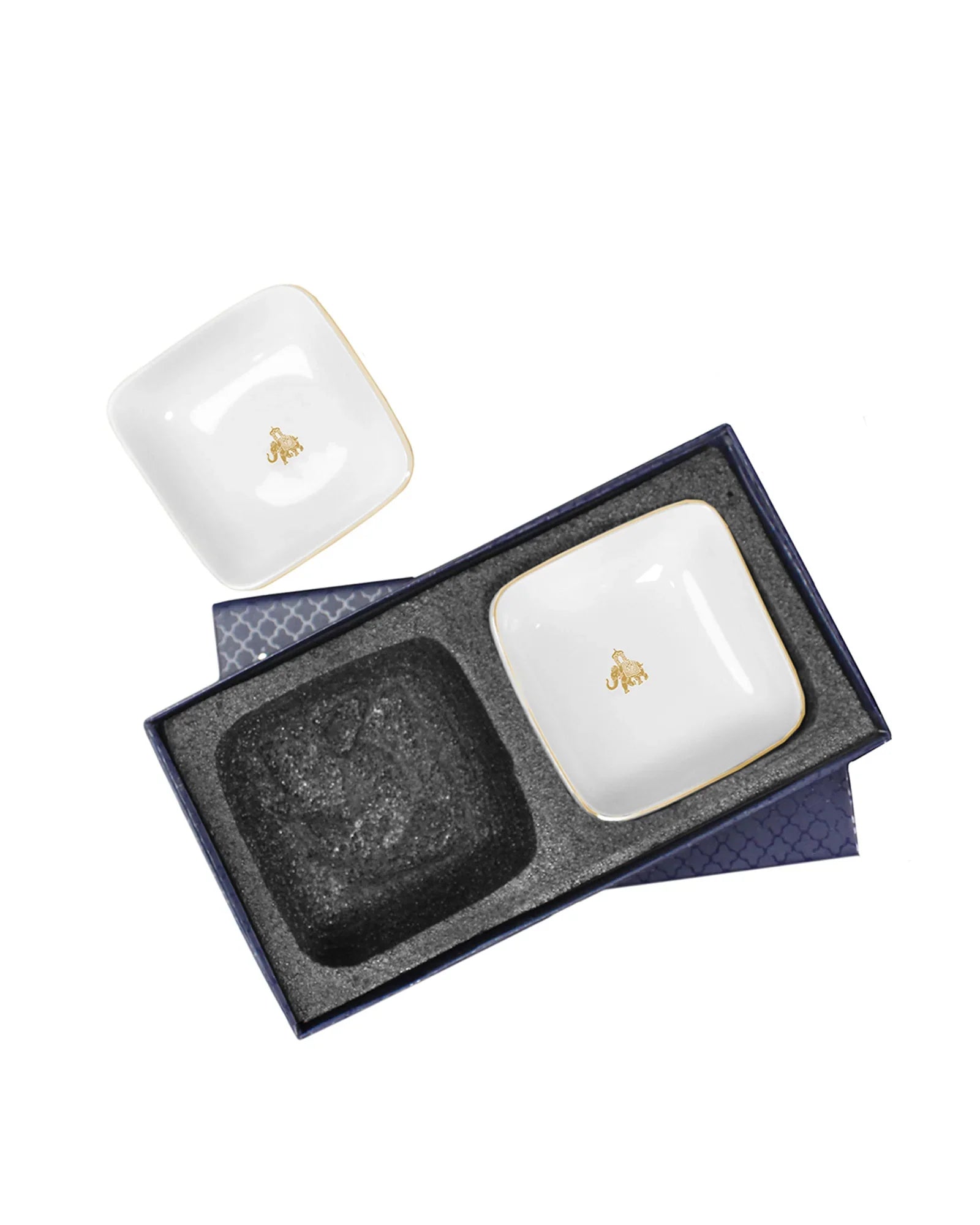 Gaj Fine Porcelain Curved Square Bowl Set of 4 – Platinum Rim with Elephant Motif - Vola Global